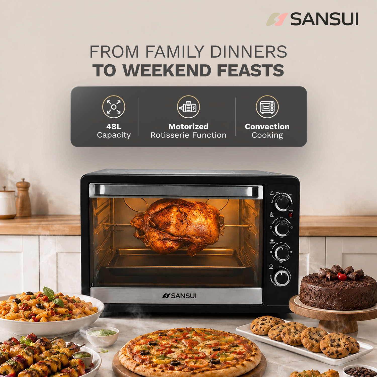 Image of Sansui 48-Litre 2000 Watt, Interior Light,Convention Fan, 5 Cooking Modes with Rottisserie Set Oven Toaster Grill OTG SNOT48RNTAB, Black