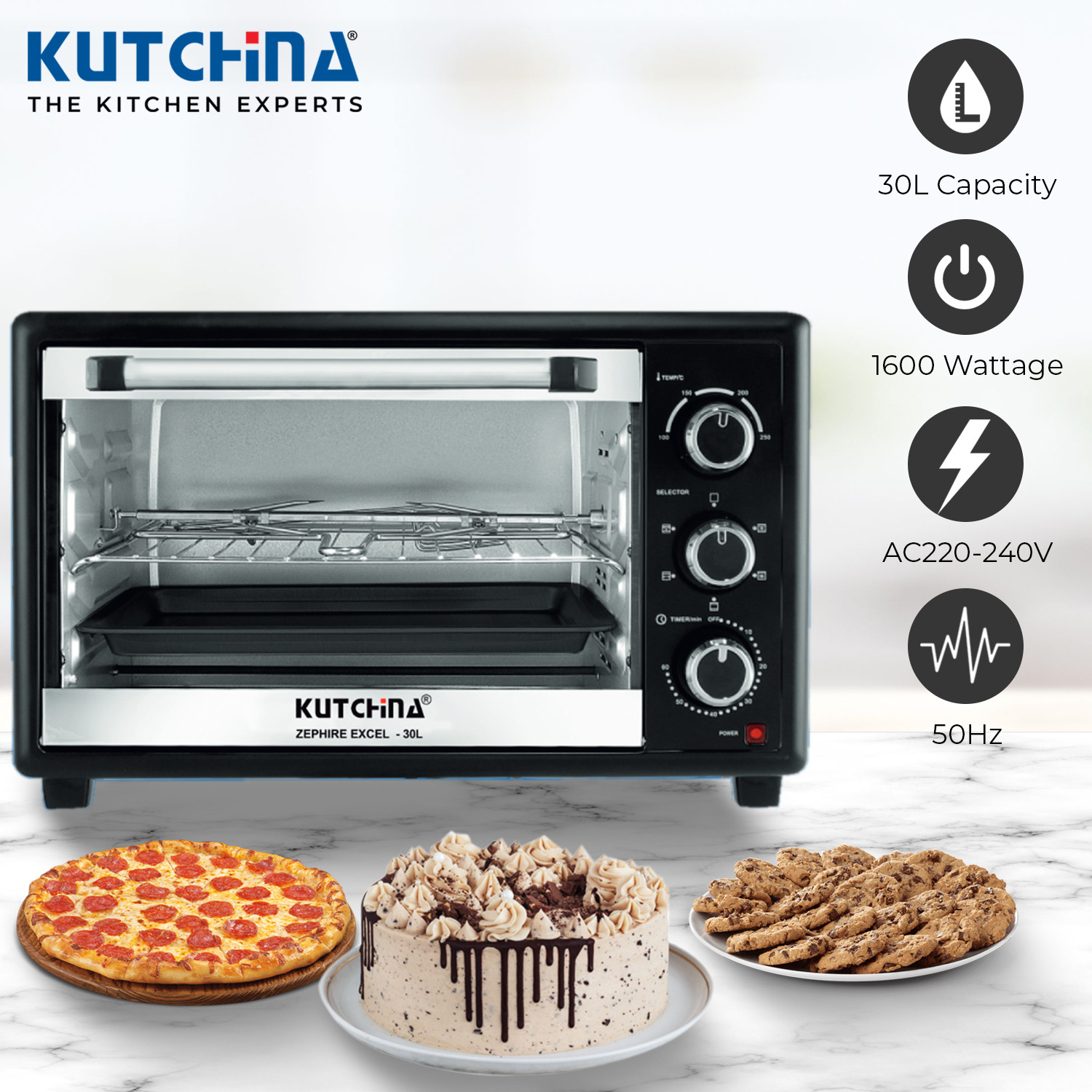 Image of Kutchina 30-Litre Oven Toaster Grill OTG Zephire Excel 1600 Watt Electric Oven Toaster Grill with Rotisserie, Black