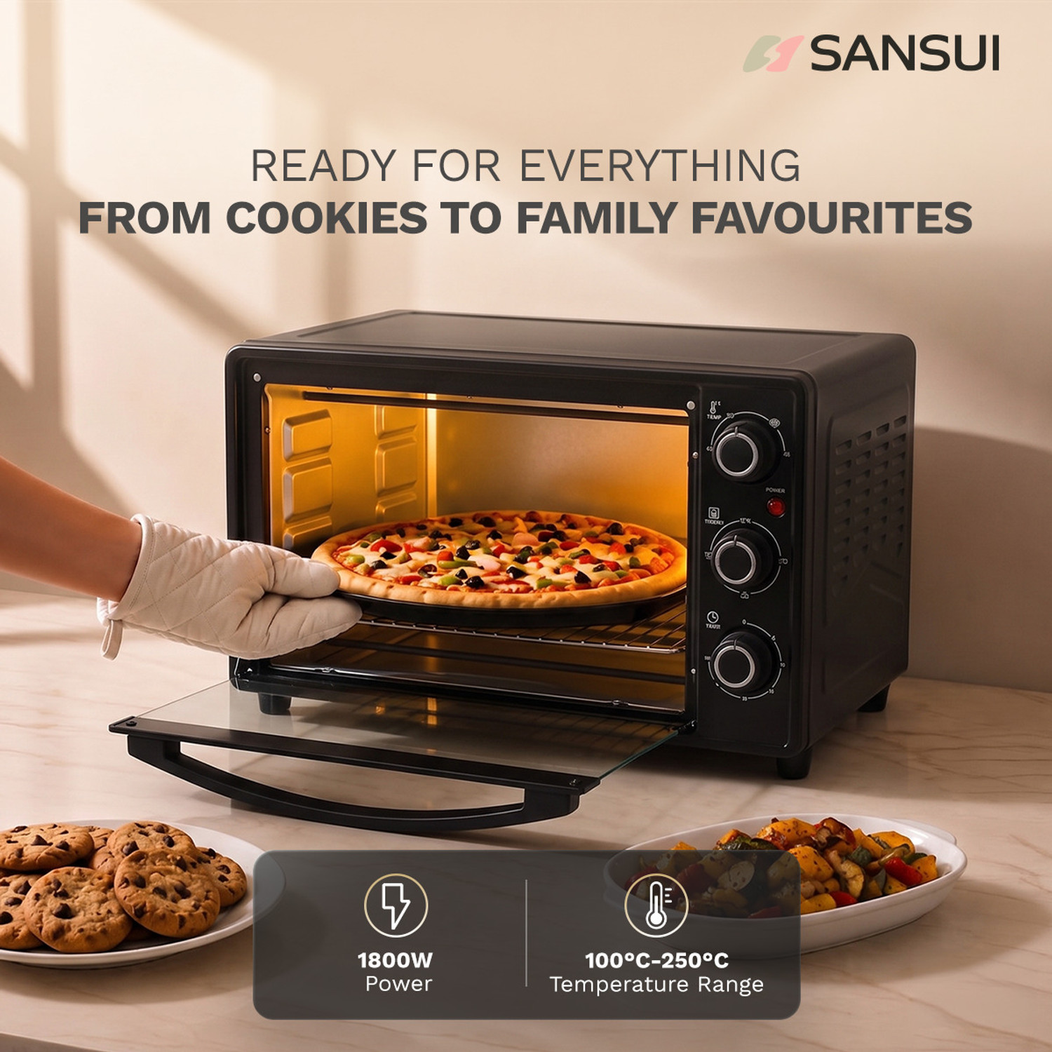 Image of Sansui 26-Litre 1600 Watt, Interior Light, 4 Cooking Modes Oven Toaster Grill OTG SNOT26NNTAB, Black
