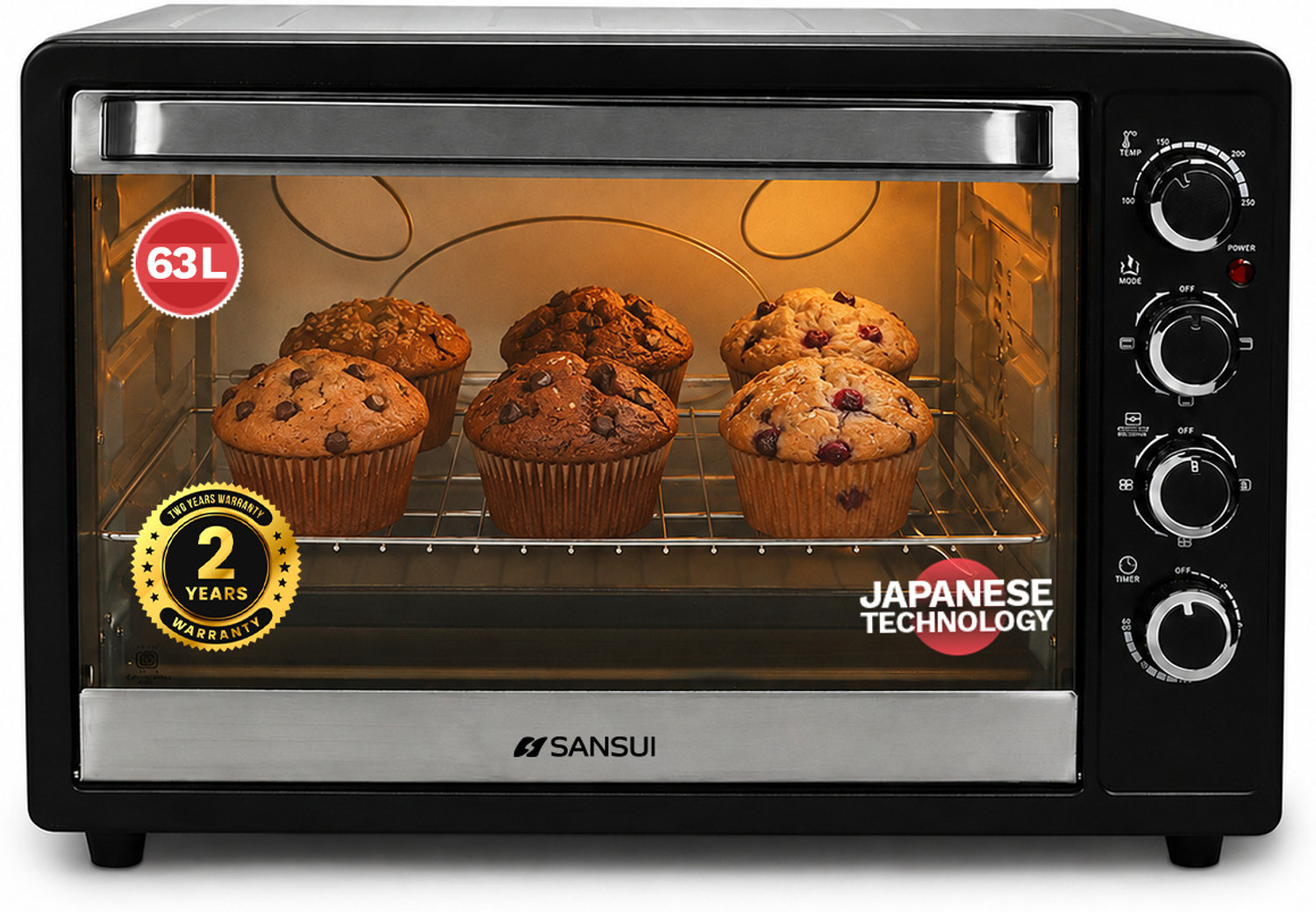 Image of Sansui 63-Litre 2200 Watt, Interior Light,Convention Fan, 5 Cooking Modes with Rottisserie Set Oven Toaster Grill OTG SNOT63RNTAB, Black