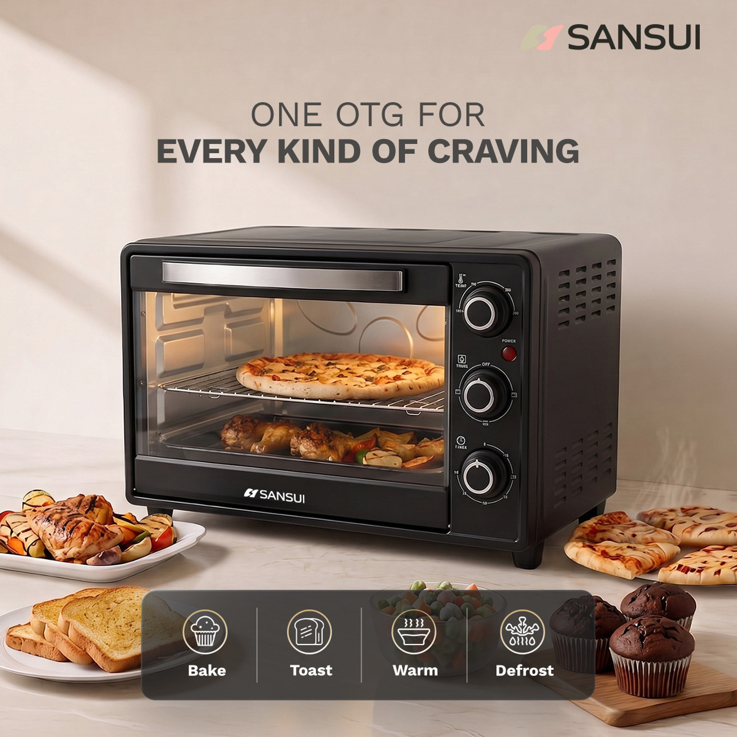 Image of Sansui 26-Litre 1600 Watt, Interior Light, 4 Cooking Modes Oven Toaster Grill OTG SNOT26NNTAB, Black