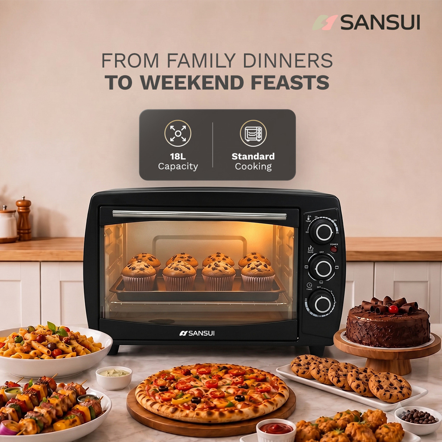 Image of Sansui 18-Litre 1200 Watt, Interior Light, 4 Cooking Modes Oven Toaster Grill OTG SNOT18NNTAB, Black