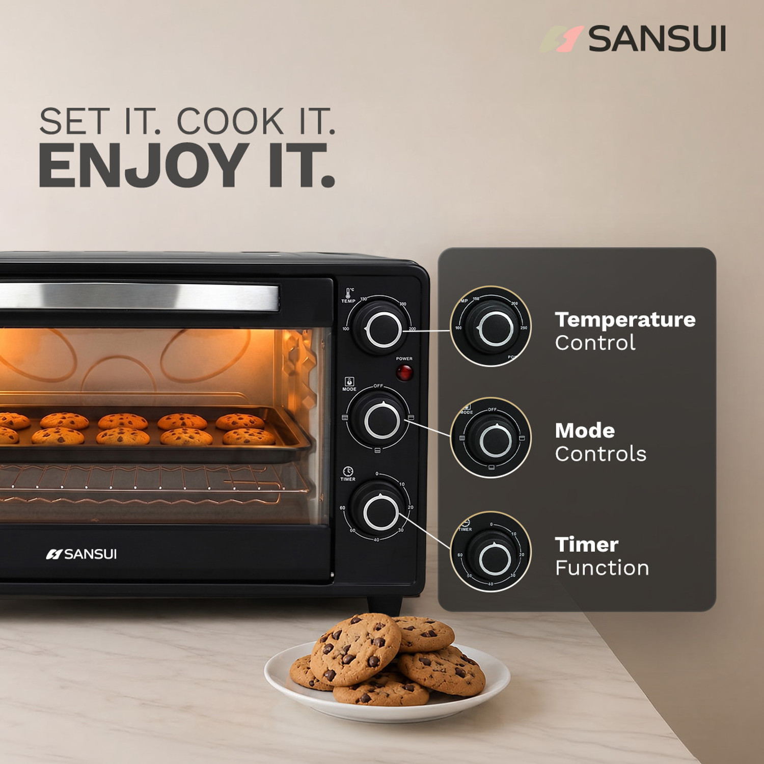Image of Sansui 26-Litre 1600 Watt, Interior Light, 4 Cooking Modes Oven Toaster Grill OTG SNOT26NNTAB, Black