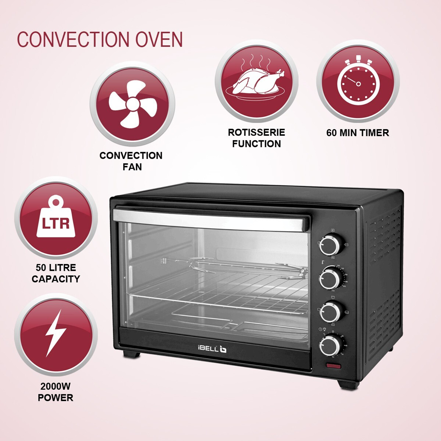 Image of iBELL 50-Litre Oven Toaster Grill OTG DLX 50-Litre 2000 Watt Oven Toaster Grill OTG with Rotisserie, Convection Fan, InnerLight Technology, 60 Minute Timer, Black
