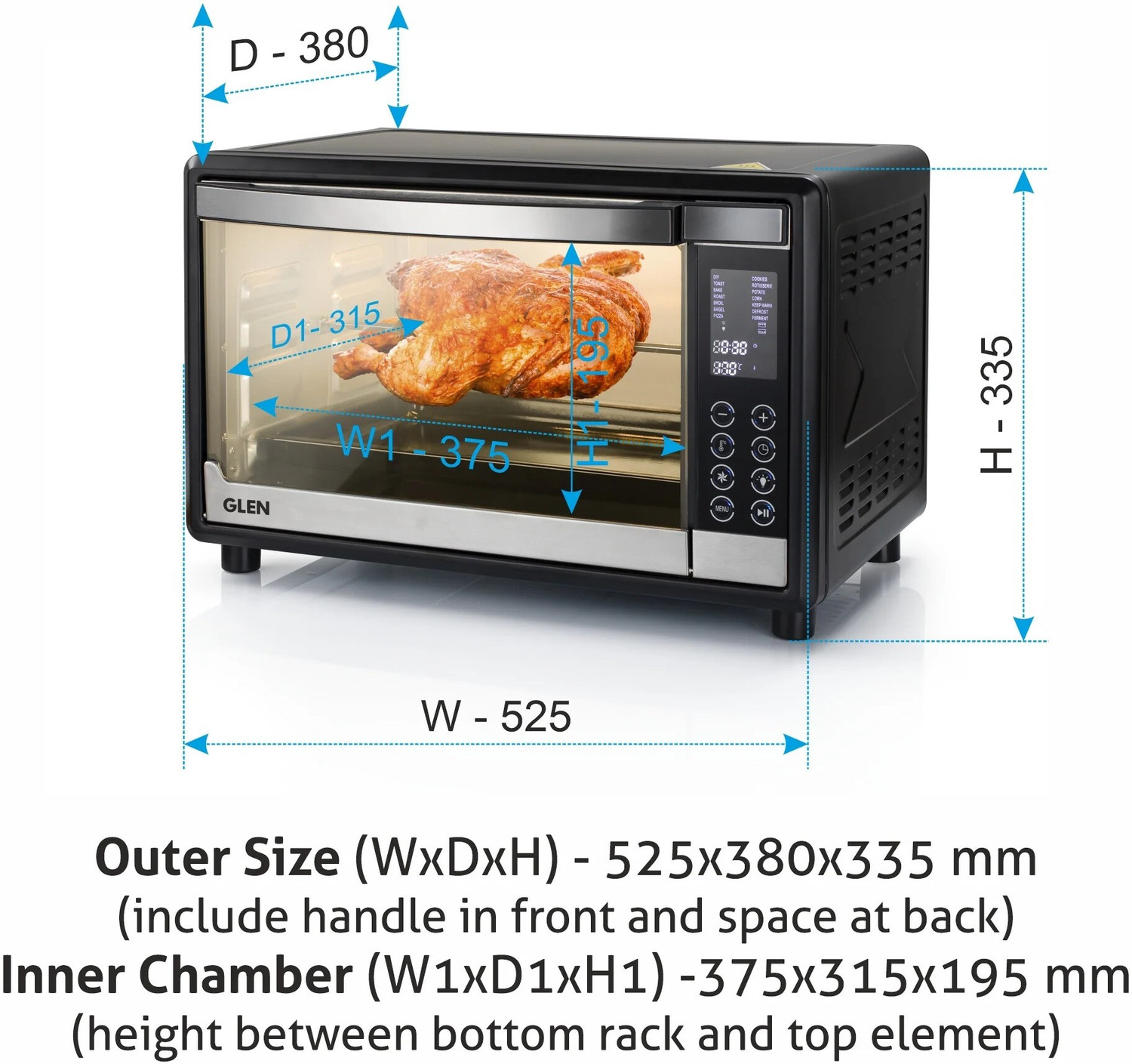 Image of Glen 35-Litre Oven Toaster Grill OTG Digital Oven Toaster Griller SA-5035DIGI Convection Motorized Rotisserie 1600W, Black