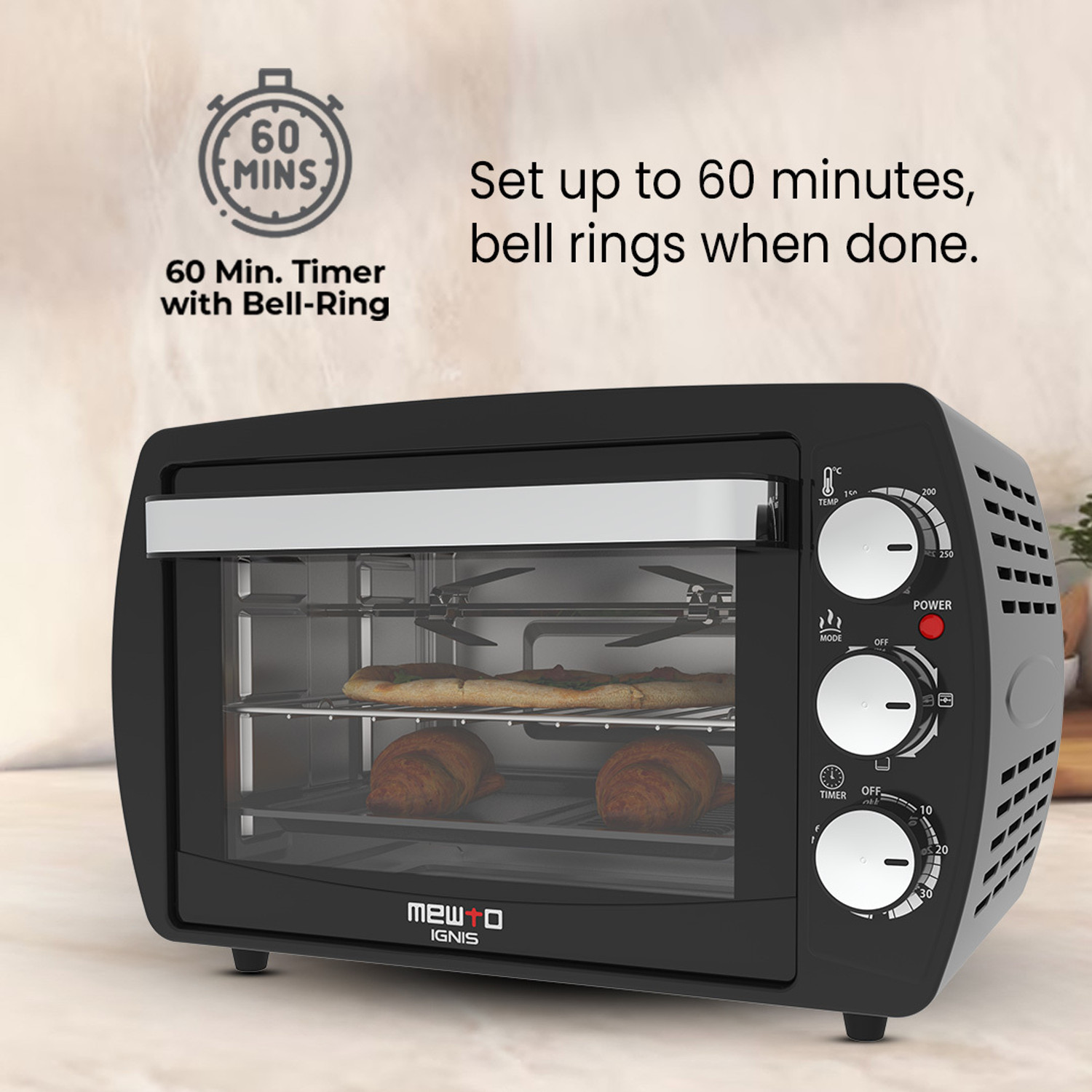 Image of MEWTO 19-Litre Oven Toaster Grill OTG Rotisserie With 60 Minute Timing and Bell-Ring, Black