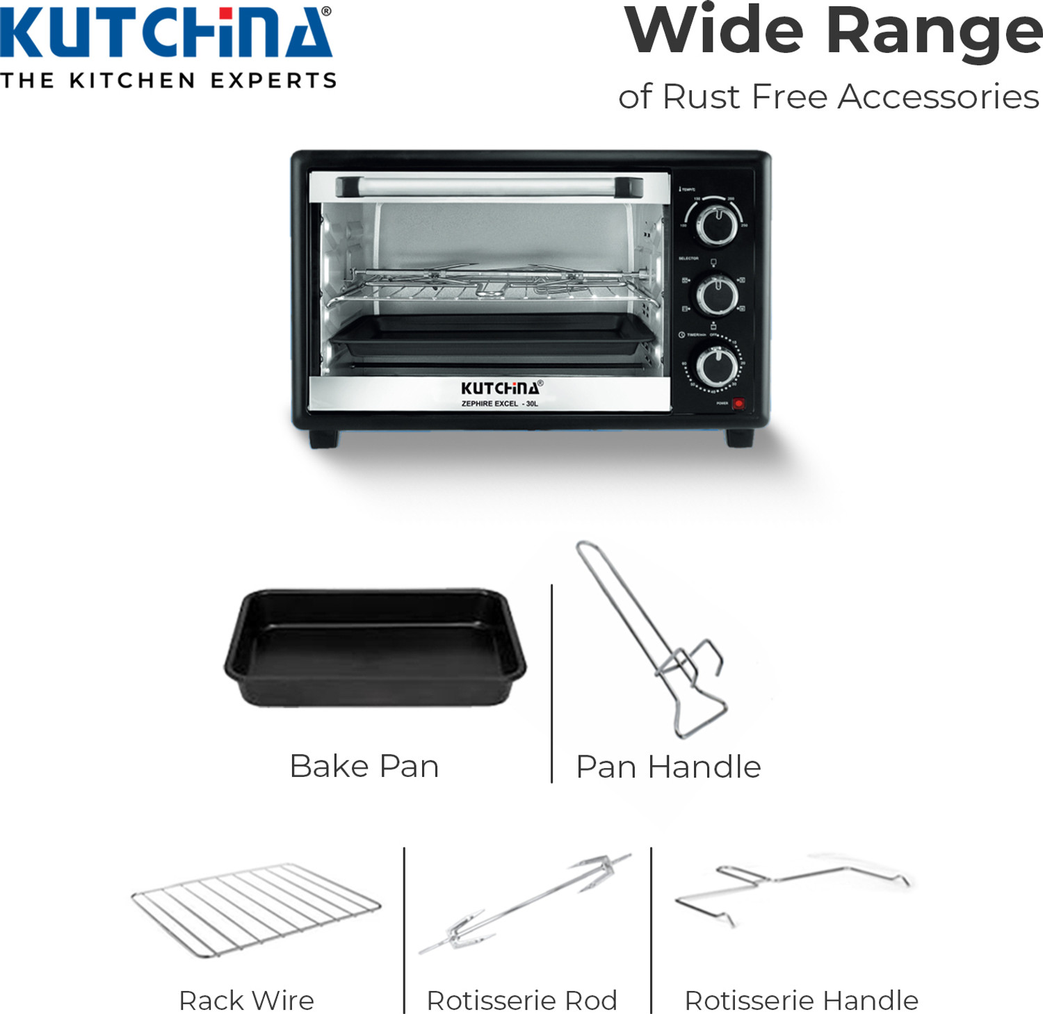 Image of Kutchina 30-Litre Oven Toaster Grill OTG Zephire Excel 1600 Watt Electric Oven Toaster Grill with Rotisserie, Black