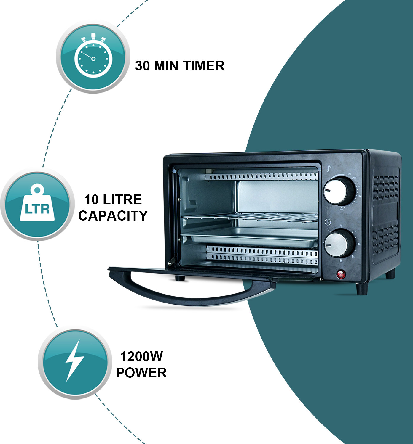 Image of iBELL 10-Litre Oven Toaster Grill OTG WAVE10 OTG Multi-Purpose Oven, Toaster, Griller, Temperature & Timer Settings, Black