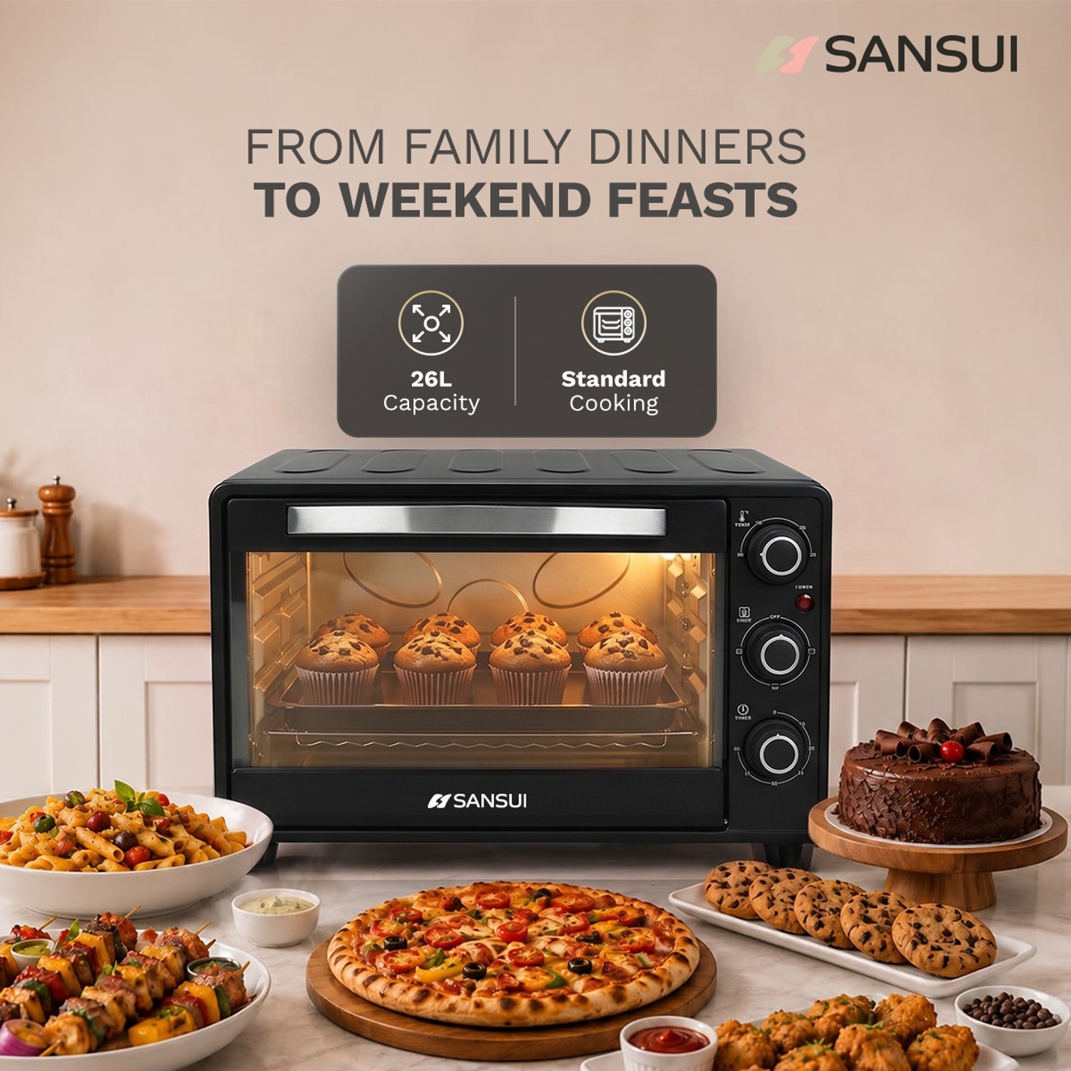 Image of Sansui 26-Litre 1600 Watt, Interior Light, 4 Cooking Modes Oven Toaster Grill OTG SNOT26NNTAB, Black
