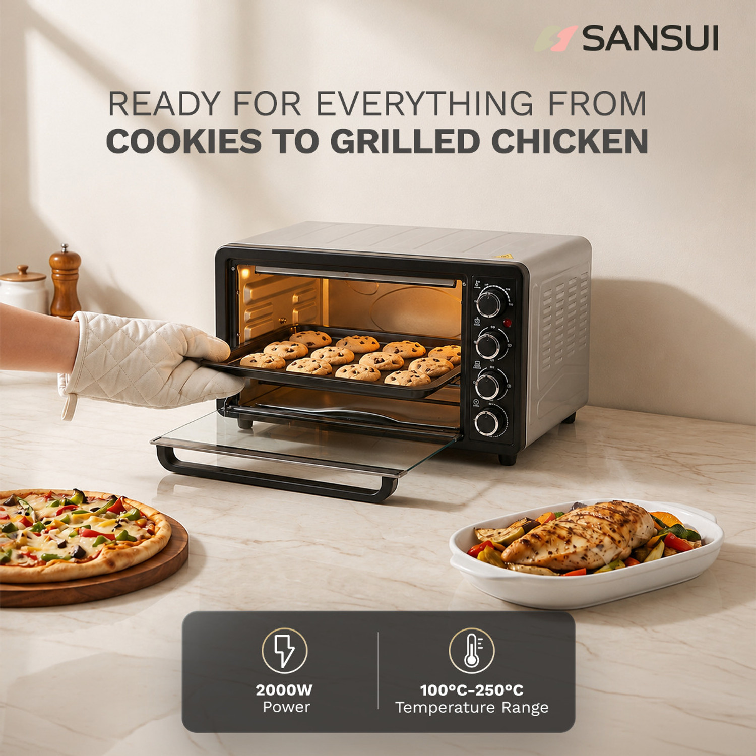 Image of Sansui 48-Litre 2000 Watt, Interior Light,Convention Fan, 5 Cooking Modes with Rottisserie Set Oven Toaster Grill OTG SNOT48RNTAB, Black