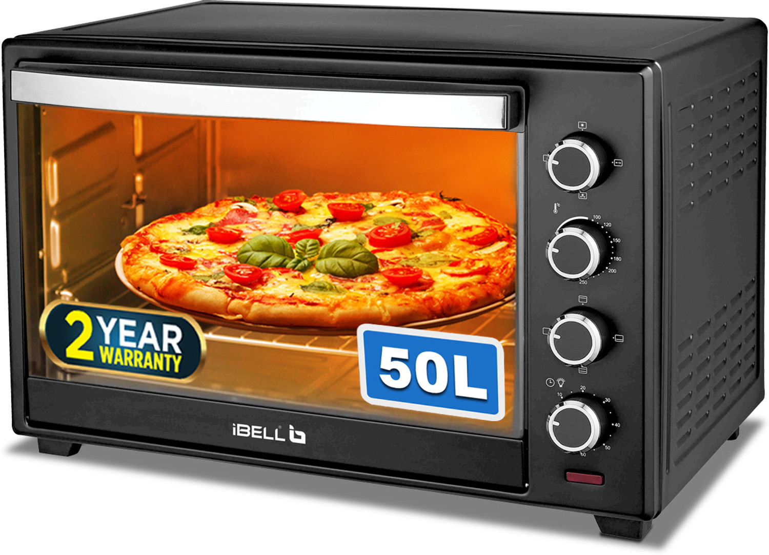 Image of iBELL 50-Litre Oven Toaster Grill OTG DLX 50-Litre 2000 Watt Oven Toaster Grill OTG with Rotisserie, Convection Fan, InnerLight Technology, 60 Minute Timer, Black