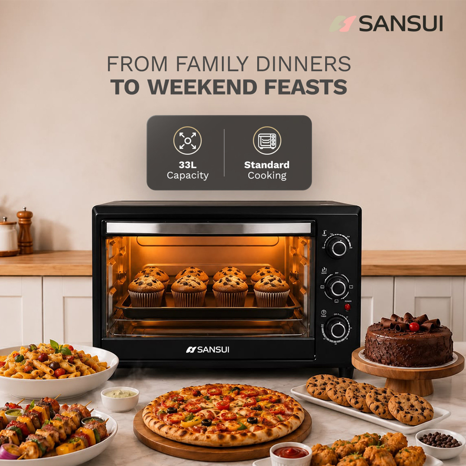 Image of Sansui 33-Litre 1800 Watt, Interior Light, 4 Cooking Modes Oven Toaster Grill OTG SNOT33NNTAB, Black