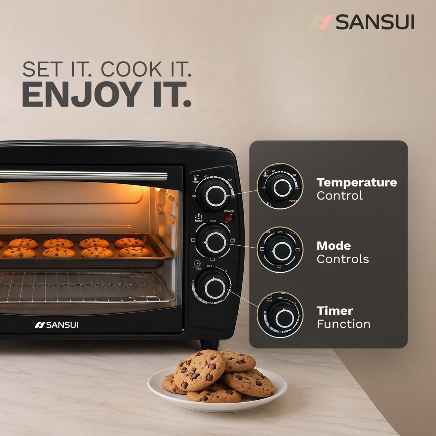 Image of Sansui 18-Litre 1200 Watt, Interior Light, 4 Cooking Modes Oven Toaster Grill OTG SNOT18NNTAB, Black