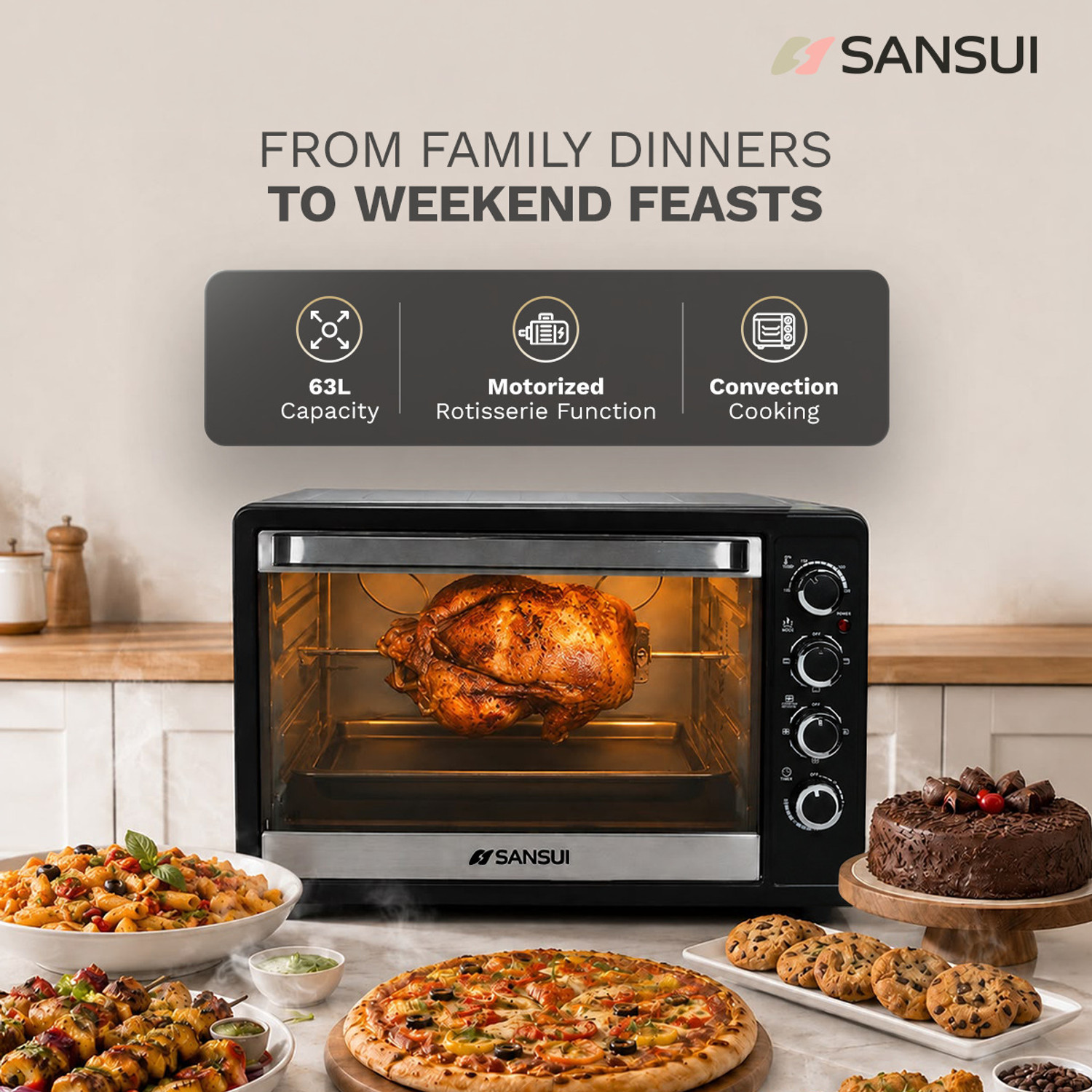 Image of Sansui 63-Litre 2200 Watt, Interior Light,Convention Fan, 5 Cooking Modes with Rottisserie Set Oven Toaster Grill OTG SNOT63RNTAB, Black