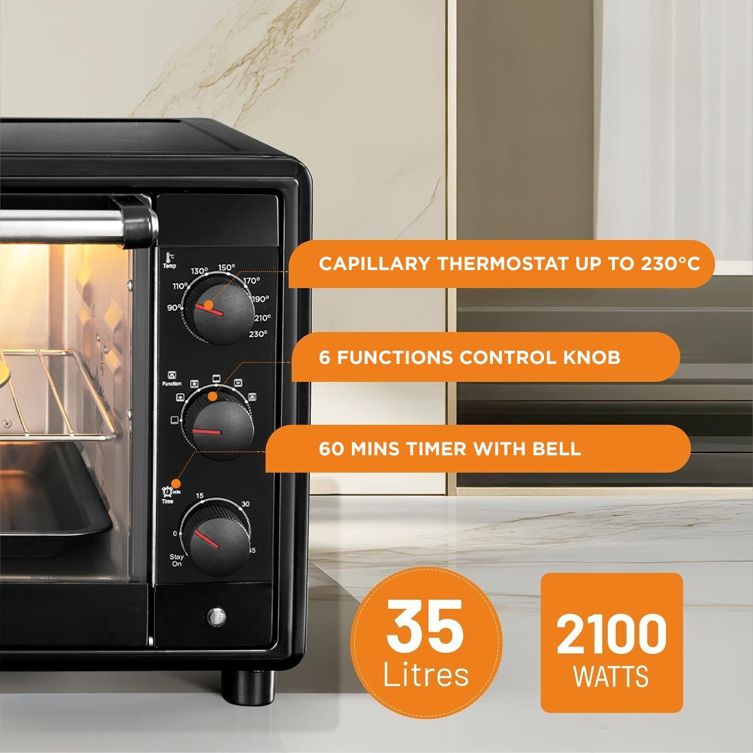 Image of Glen 35-Litre Oven Toaster Grill OTG OTG -35 L Motorized Rotisserie, Convection Fan, 2100W - Black (SA5035BLRC), Black