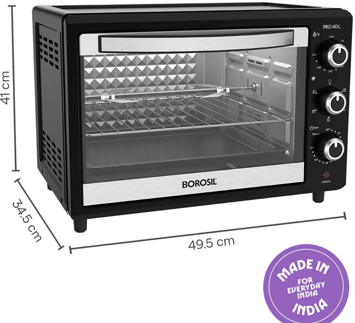 Image of BOROSIL 40-Litre Oven Toaster Grill OTG Pro 40L 1800W BIS Approved Made in India OTG with Motorized Rotisserie, Black