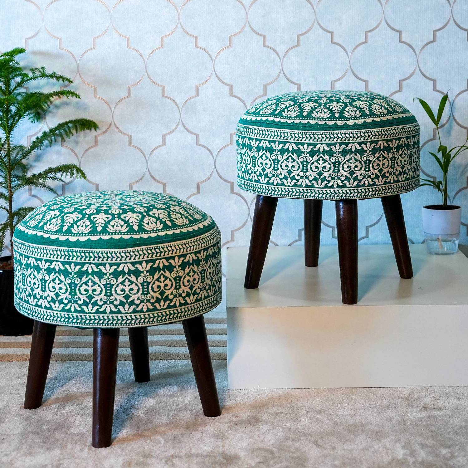 Greetwood Solid Wood Standard Ottoman (Finish Color - Green, Pre