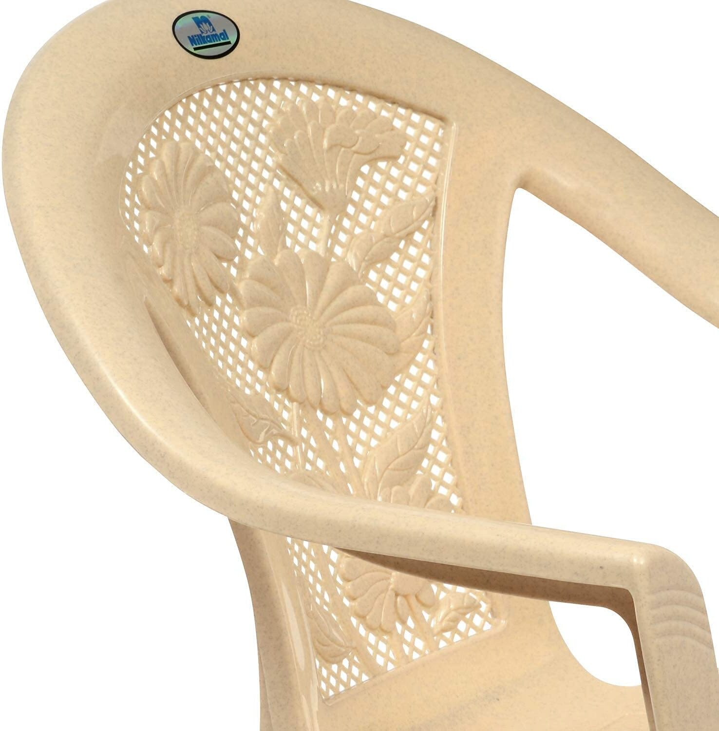 Image of Nilkamal PLASTIC CHAIR WITH FLORAL CARVING BACK WITH ARMREST FOR LIVING ROOM Plastic Outdoor Chair