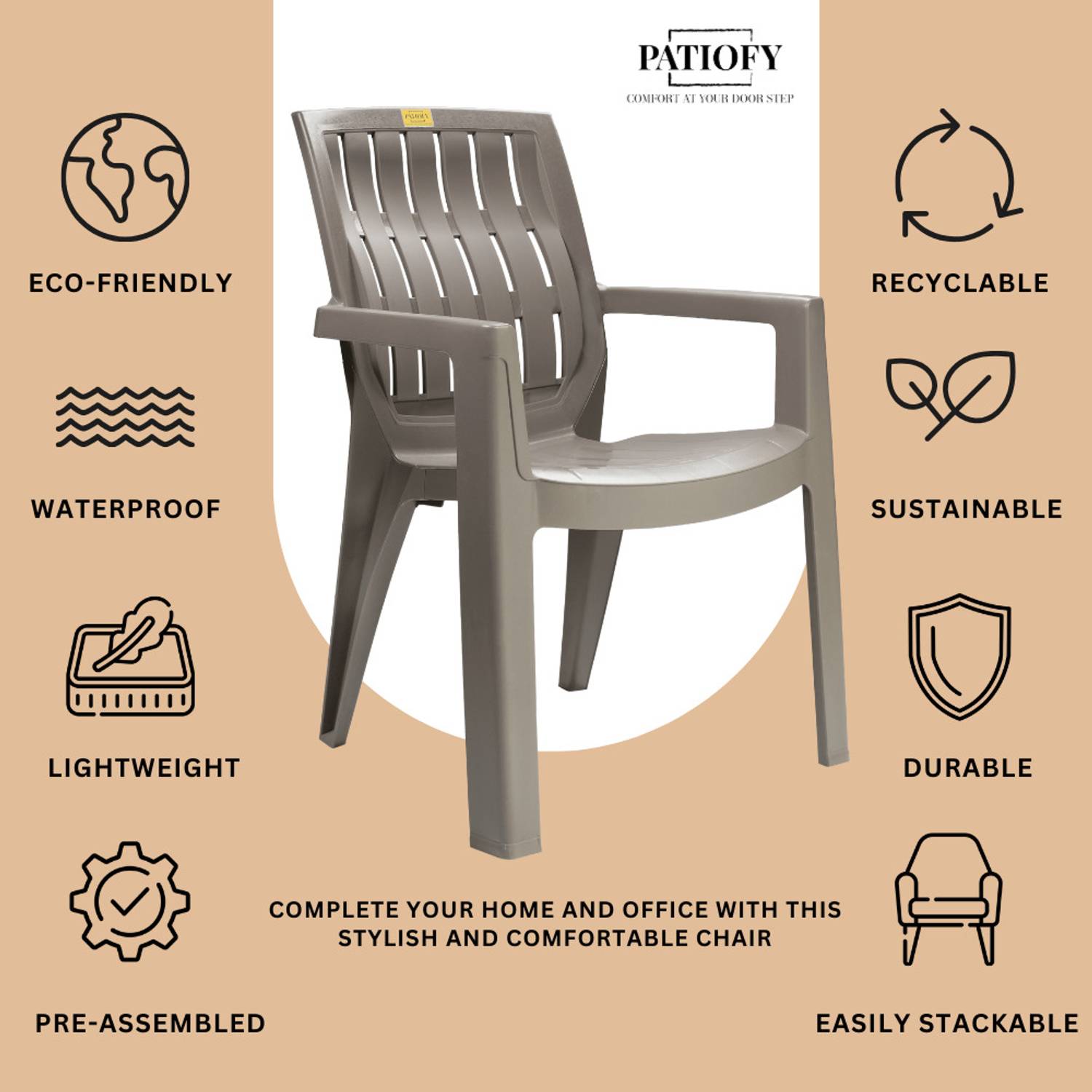 Patiofy Plastic Arm Chair Set of 4, Outdoor Home Chair - Image 4