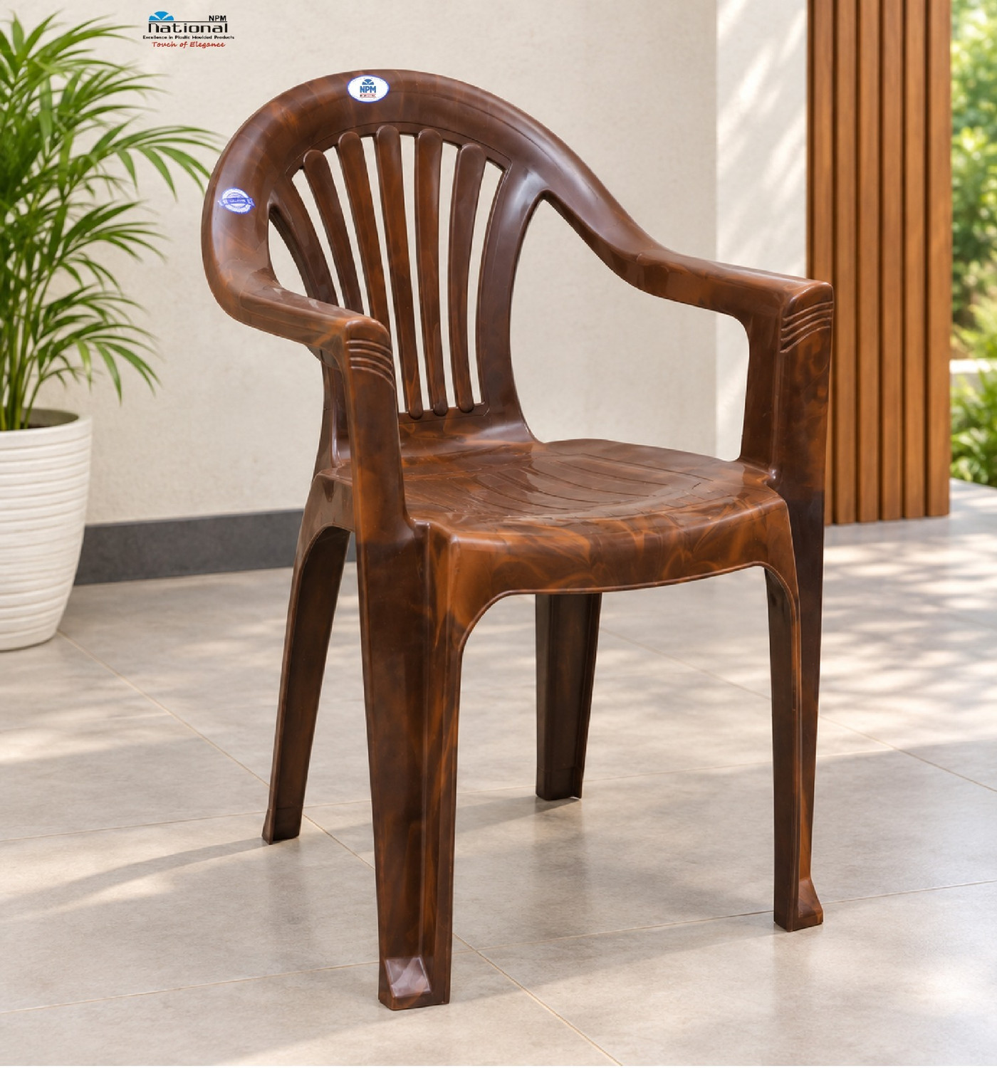 Image of NPM NATIONAL THUNDER Plastic Chair with Armrest | Durable Indoor & Outdoor Chair Plastic Outdoor Chair (TEAKWOOD, Pre-assembled)