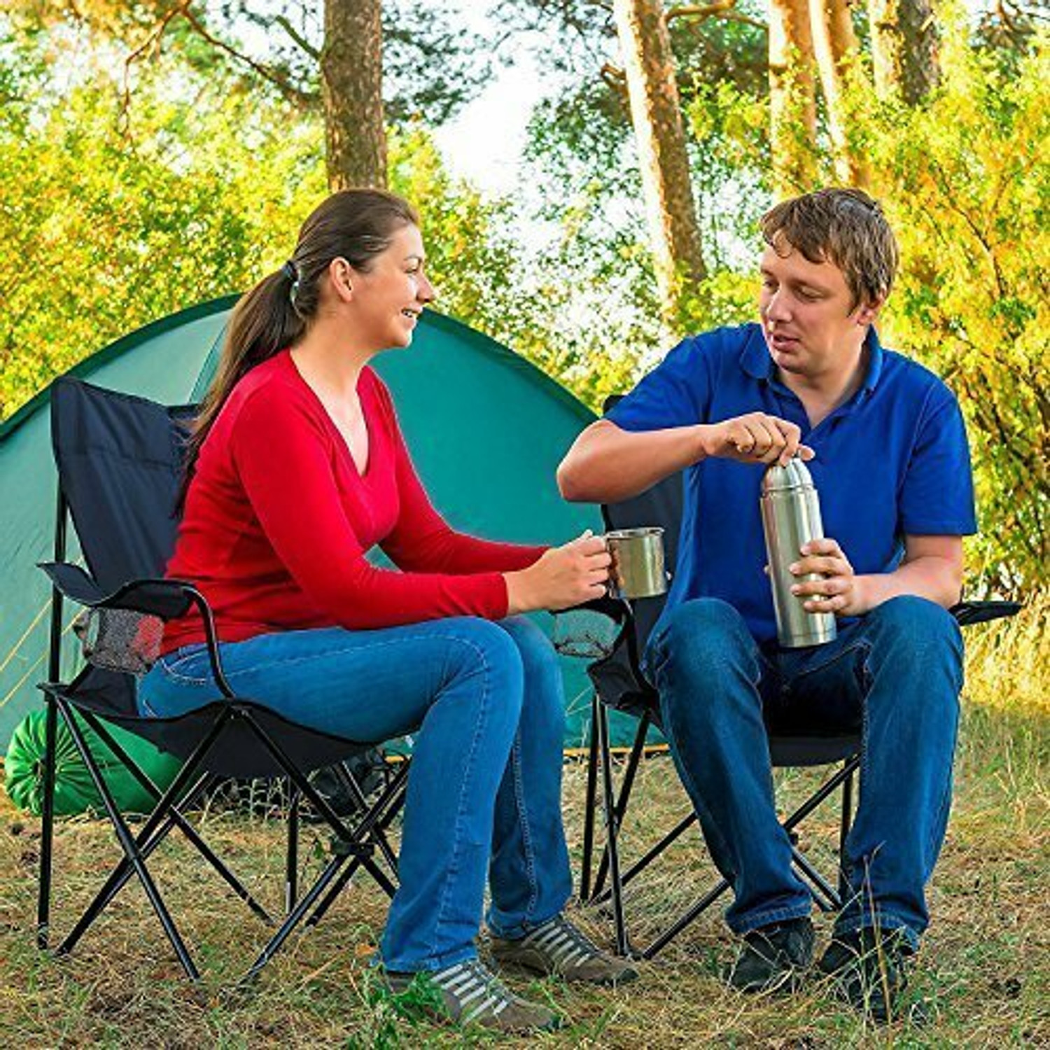 Image of Varnee Portable Folding Chair with Arm Rest Cup Holder and Carrying Foldable Steel, Polyester Inversion Chair