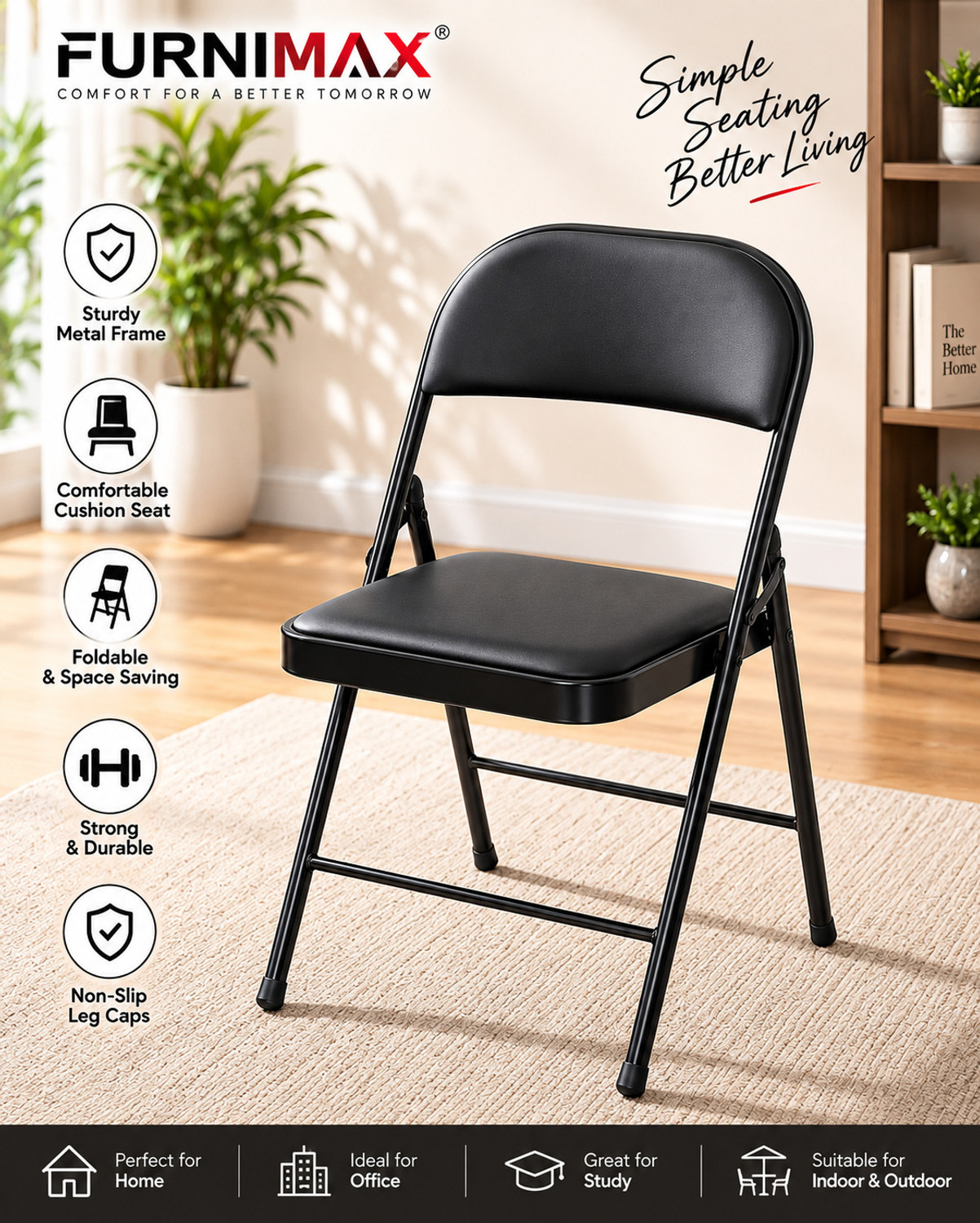 Image of FURNIMAX Foldable Metal Chair Study Office Portable Space Saving Chair Metal Outdoor Chair