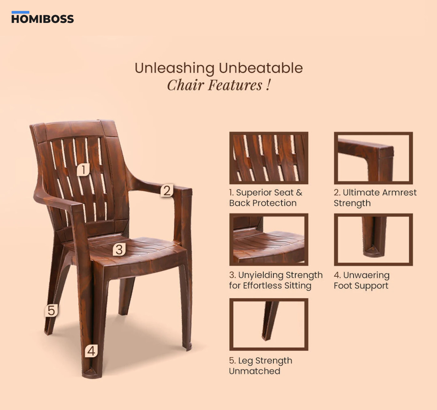 Image of HOMIBOSS Plastic Chairs for Home | Heavy Duty Polypropylene Chair , Garden, Balcony Plastic Outdoor Chair