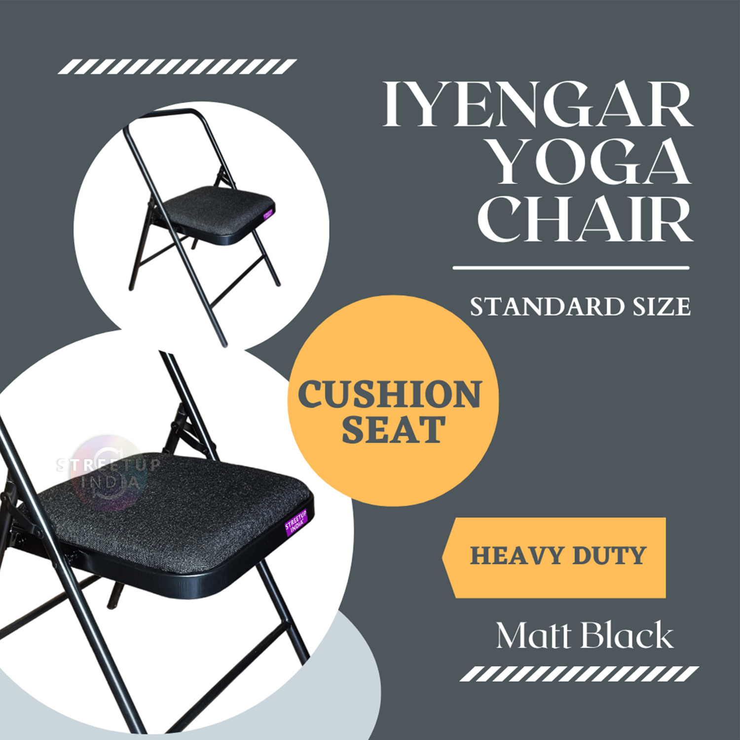Image of streetup india Metal Iyengar Yoga Chair With Fabric Cushion Seat Metal Outdoor Chair