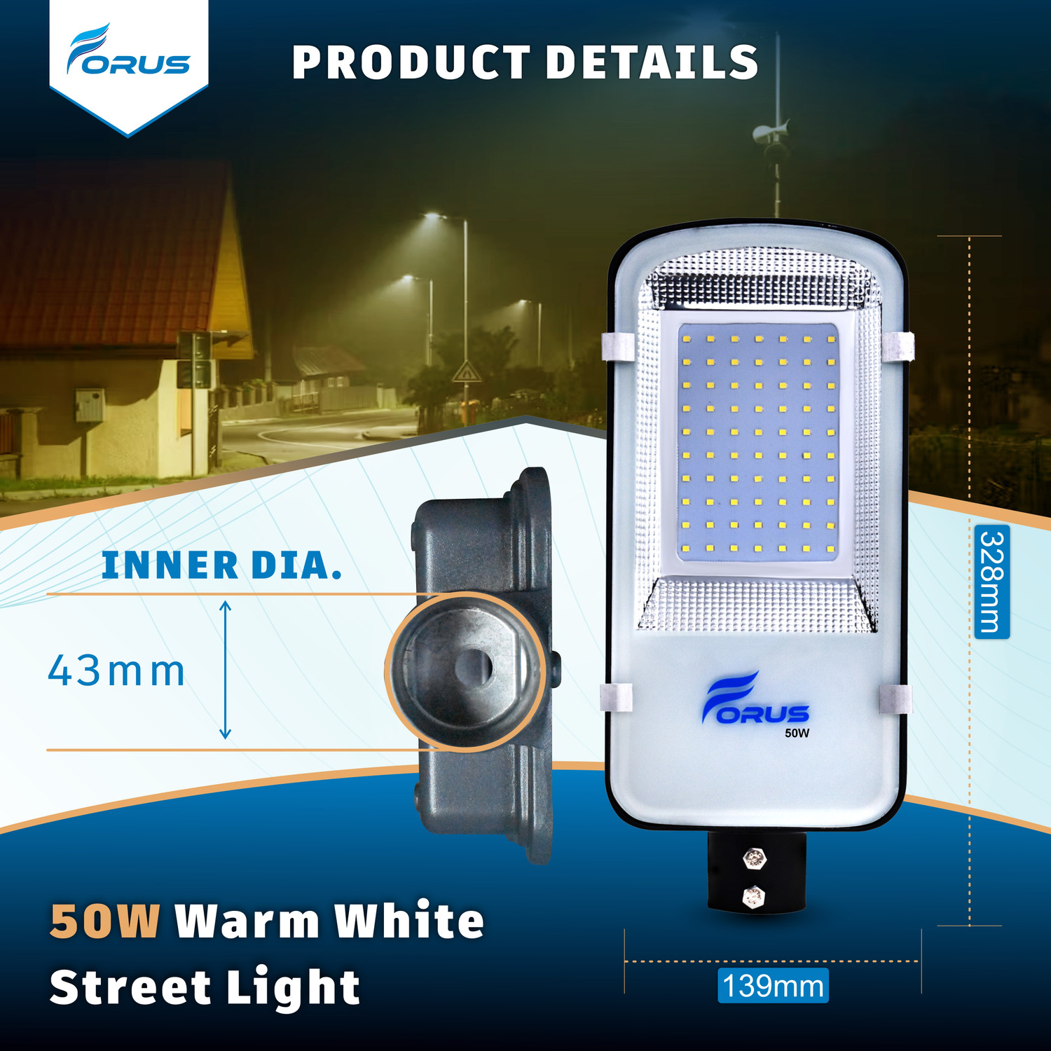 Image of FORUS 50W LED Street Light for Outdoor Road, Parking, and Industrial Lighting - Waterproof, Energy-Saving Aluminum Lamp, 5-Year Warranty, Warm White, Made in Bharat | 1 PC Street Light Outdoor Lamp