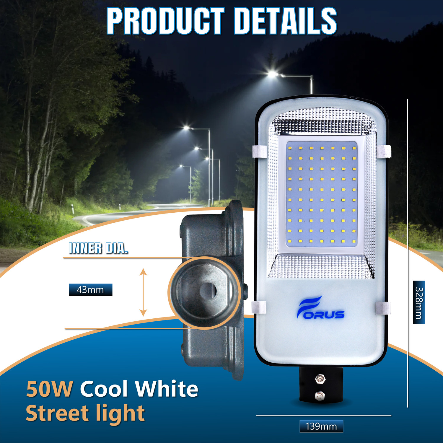 Image of FORUS 50W LED Street Light for Outdoor Road, Parking, and Industrial Lighting - High Lumens 160 lm /W, Waterproof, Energy-Saving Aluminum Lamp, 5-Year Warranty, Cool White, Made in Bharat | 1 PC With Clamp Street Light Outdoor Lamp