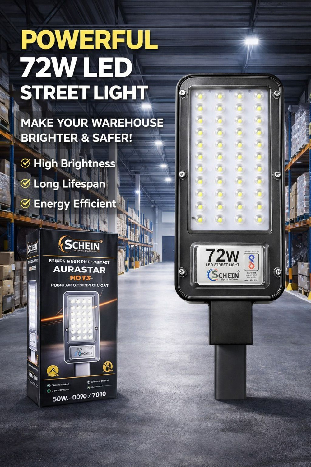 Image of SCHEIN Aurastar 72W Energy Saving LED Street Light BIS Approved | Long Life LED Technology | Lightweight Plastic Rust-Free Body | Street Road Parking Campus Light | Pack of 1 Street Light Outdoor Lamp