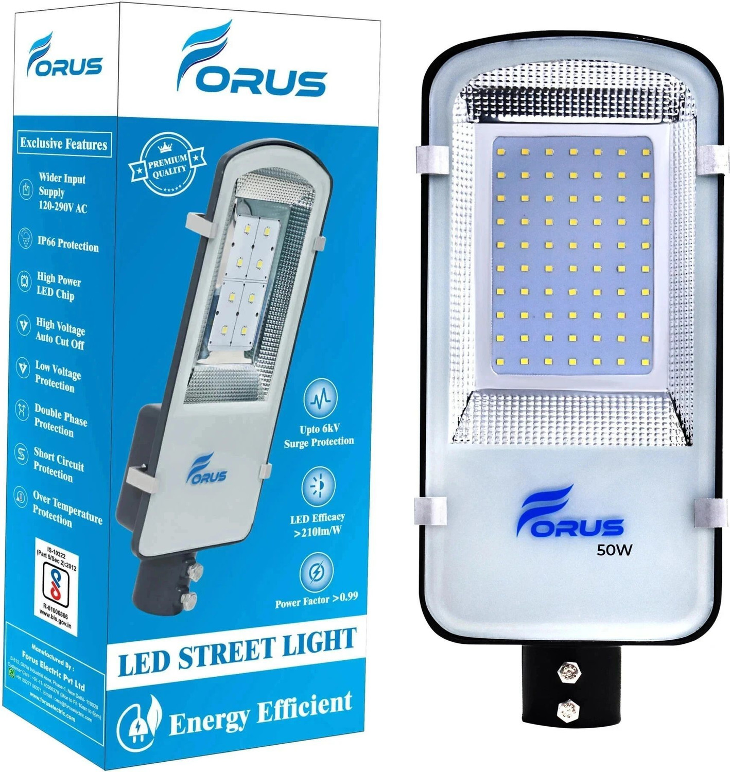 Image of FORUS 50W LED Street Light | Highest Lumens-210 lm /W |5 Years Warranty | BIS Approved | IP-66 Waterproof | Outdoor Road Light | Made in Bharat | Cool White Pack of 1PC (Aluminum) Street Light Outdoor Lamp Street Light Outdoor Lamp