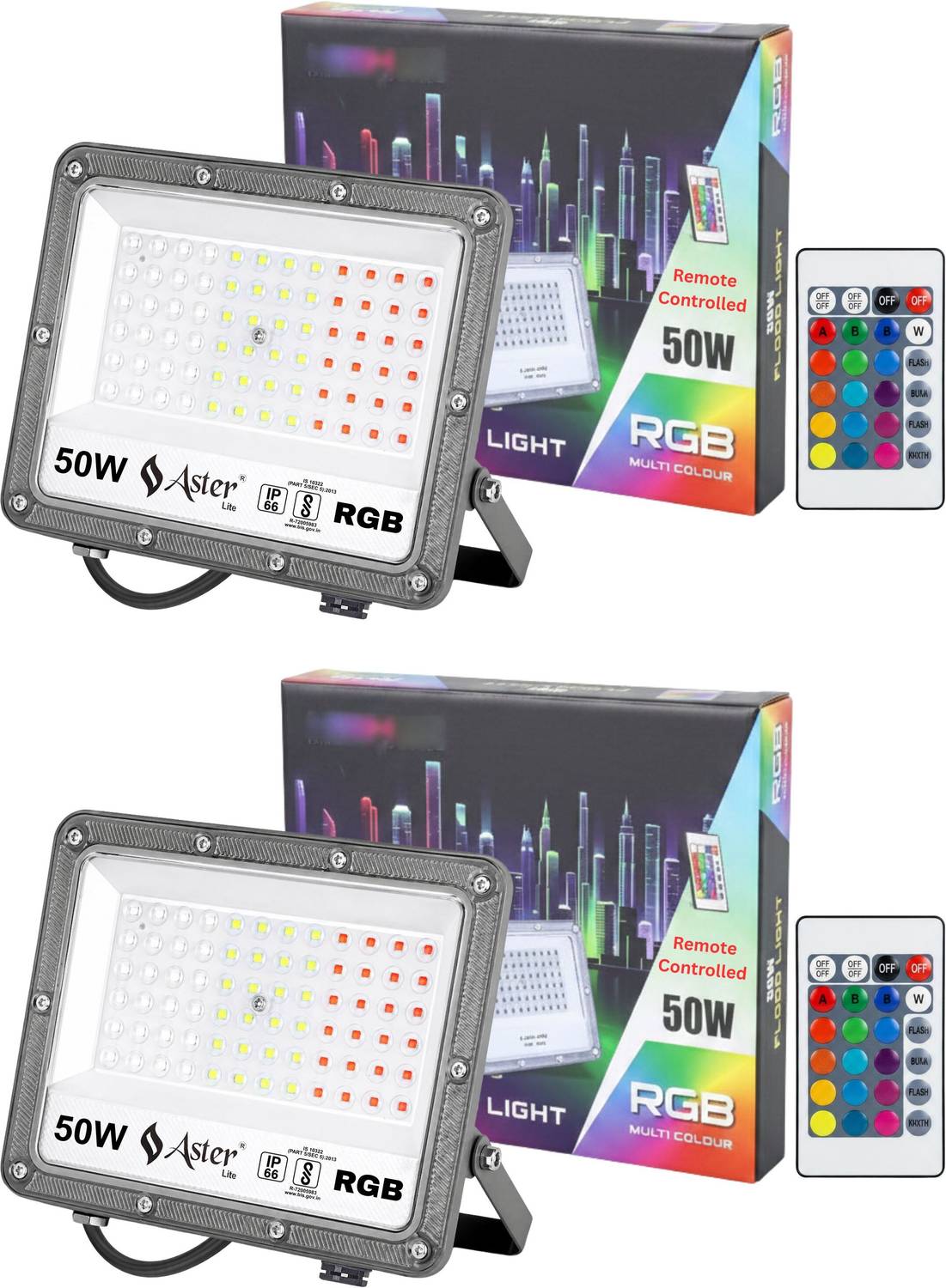 ASTER LITE RGB 50W LED Flood Light with Remote Control | Multicolor Outdoor Decorative Light | IP66 Waterproof | (Pack of 2) Flood Light Outdoor Lamp