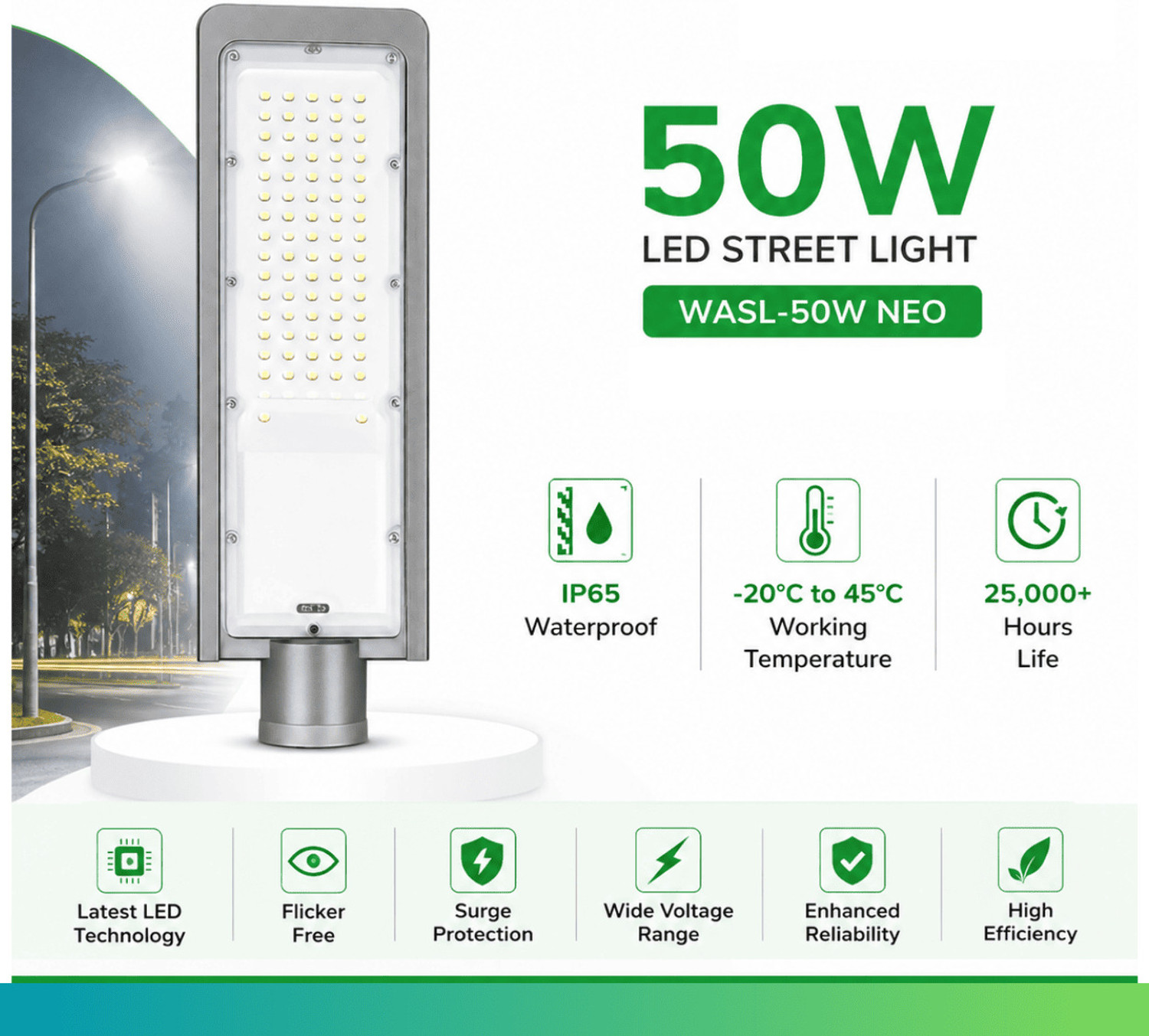 Image of WAAREE 50W NEO LED Street Light | IP67 Waterproof | Aluminium Body Street Light Outdoor Lamp (White)