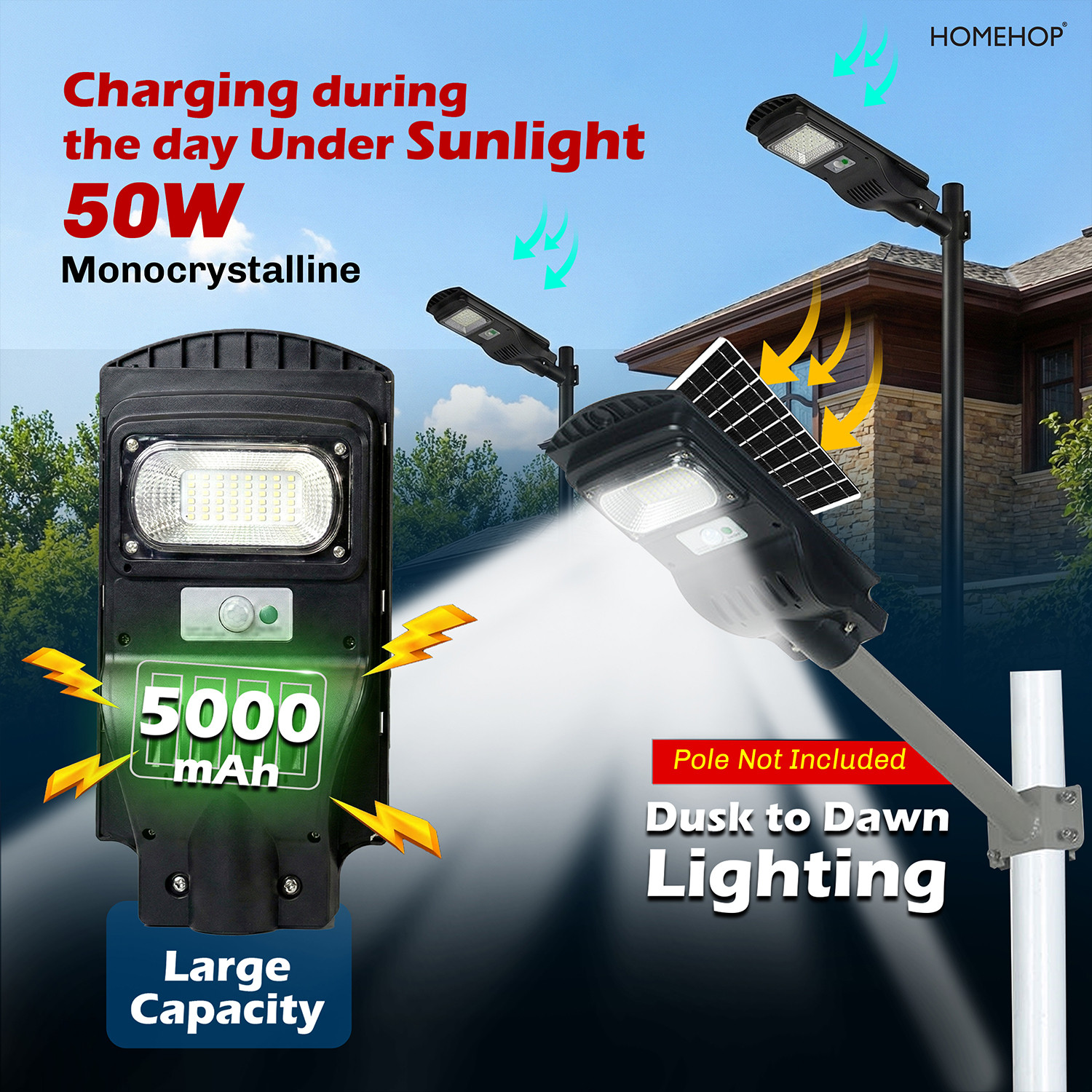 Image of Homehop All in one Solar Street Light Outdoor Waterproof 50W Motion Sensor Wall Lamp 5Ah Solar Light Set