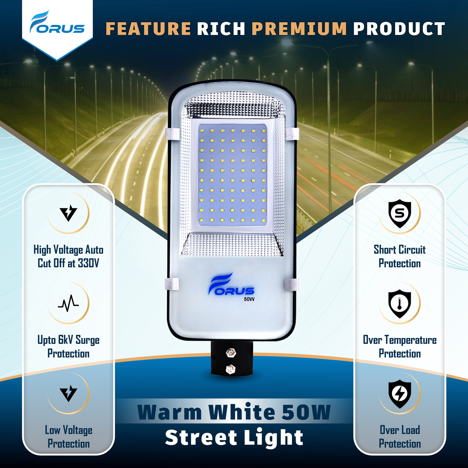 Image of FORUS 50W LED Street Light for Outdoor Road, Parking, and Industrial Lighting - Waterproof, Energy-Saving Aluminum Lamp, 5-Year Warranty, Warm White, Made in Bharat | 1 PC Street Light Outdoor Lamp