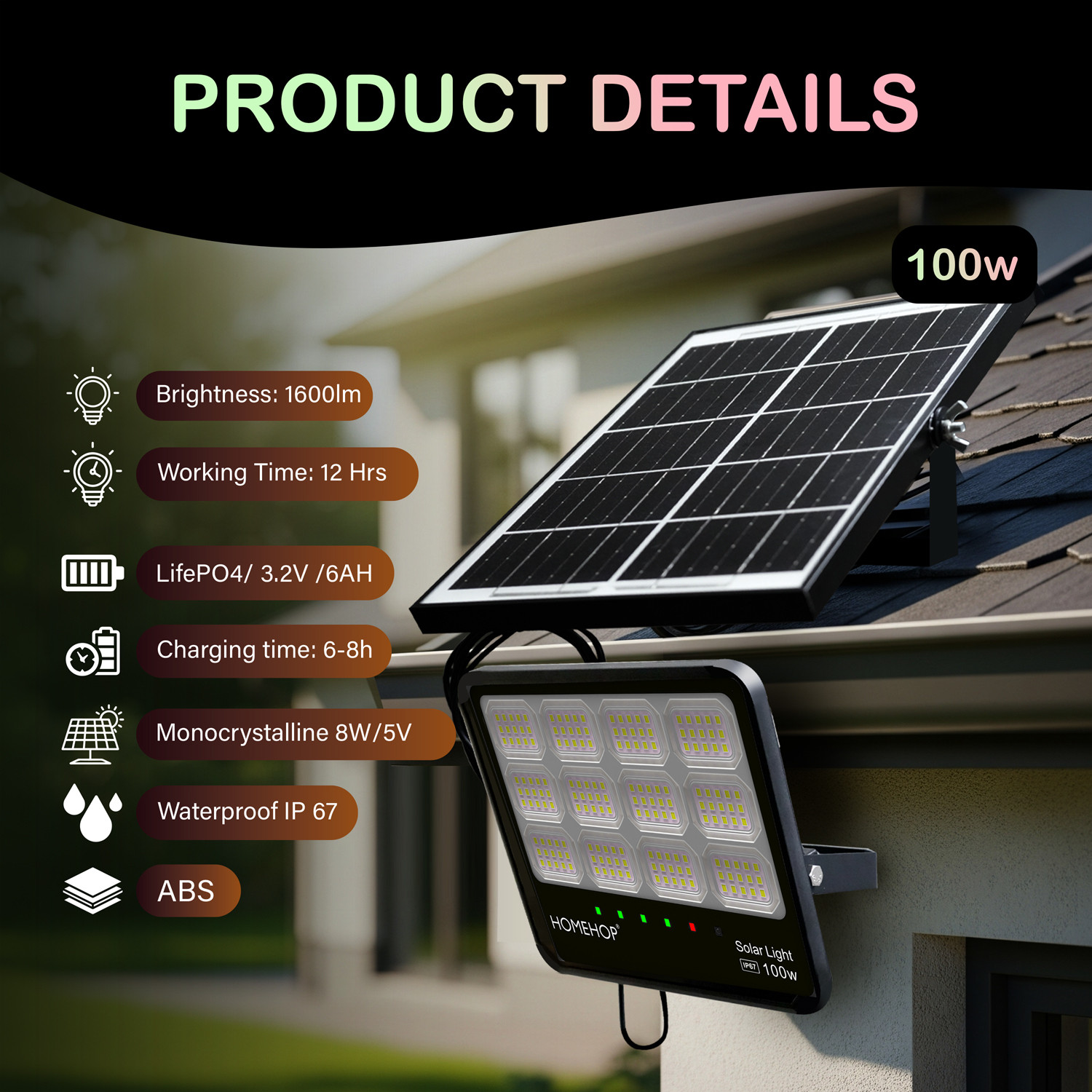 Image of Homehop 100W Solar LED Flood Lights Outdoor Waterproof Wall Lamp for Home Garden Flood Light Outdoor Lamp (Black)