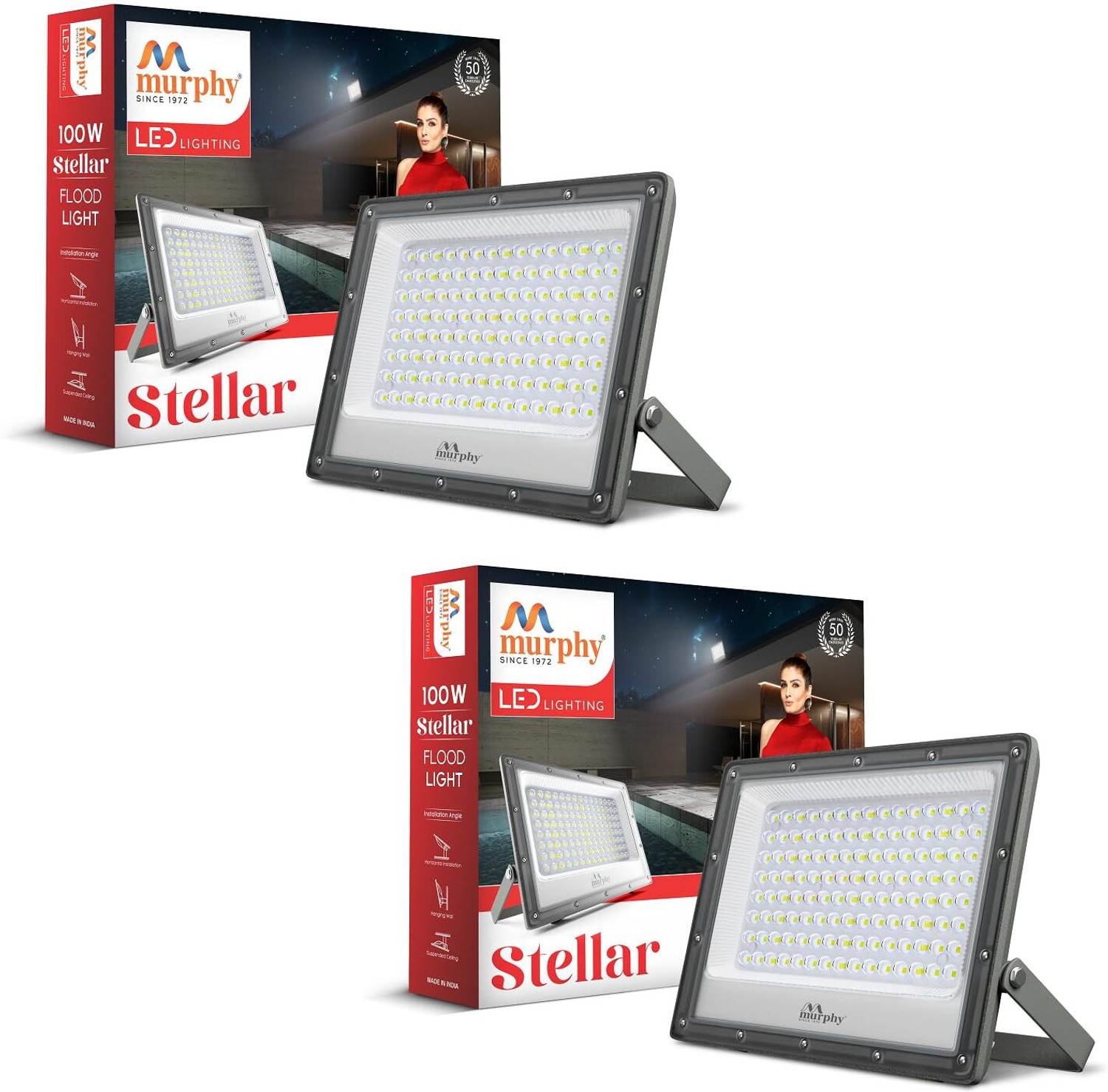 Image of MURPHY Stellar 100W LED Flood Light with 2-Year Warranty | Cool White | High Brightness Outdoor LED for Security, Landscape, Warehouse, Backyard| IP66 Waterproof | BIS Approved - Pack of 2 Flood Light Outdoor Lamp