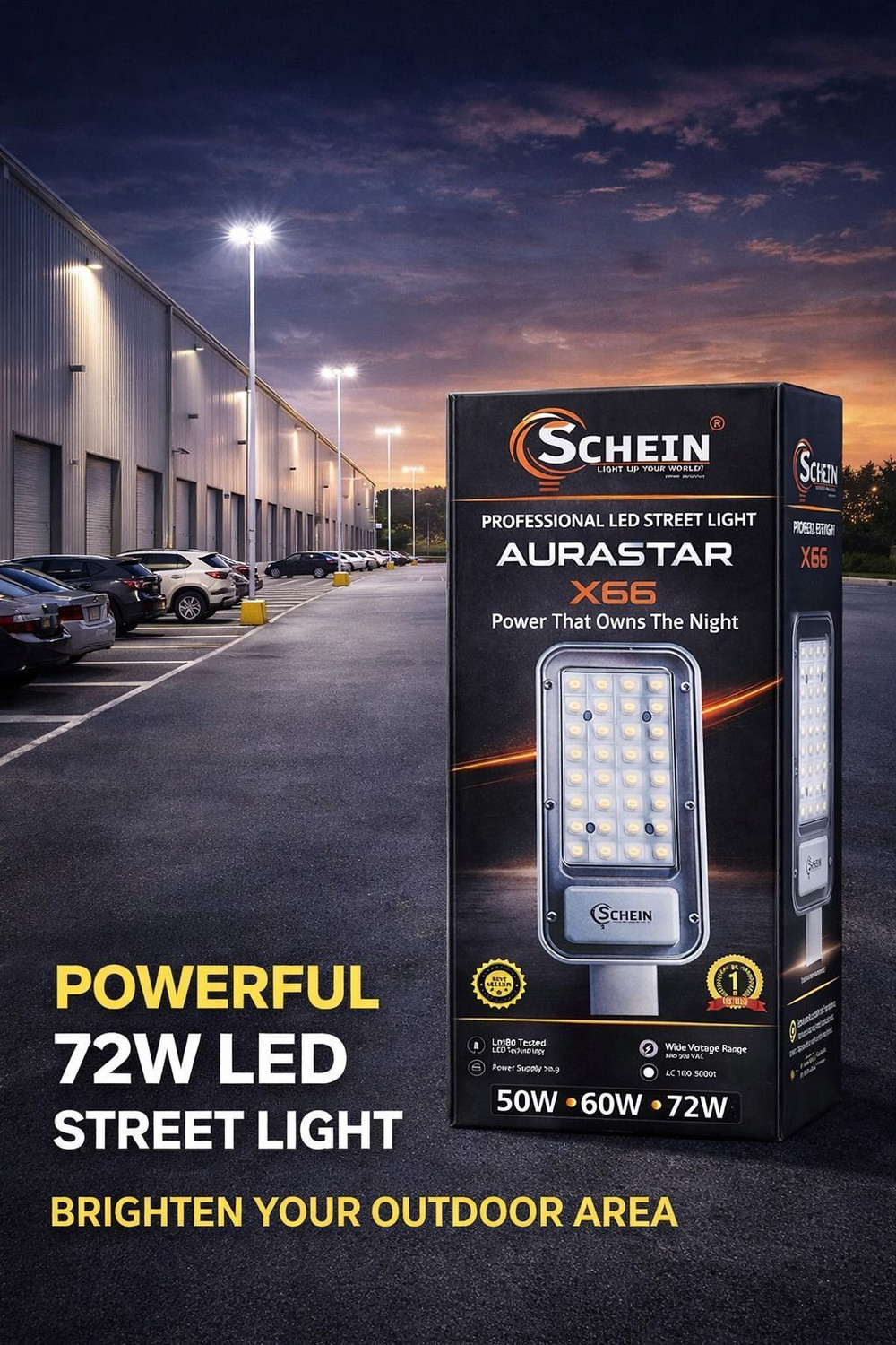 Image of SCHEIN Aurastar 72W Energy Saving LED Street Light BIS Approved | Long Life LED Technology | Lightweight Plastic Rust-Free Body | Street Road Parking Campus Light | Pack of 1 Street Light Outdoor Lamp