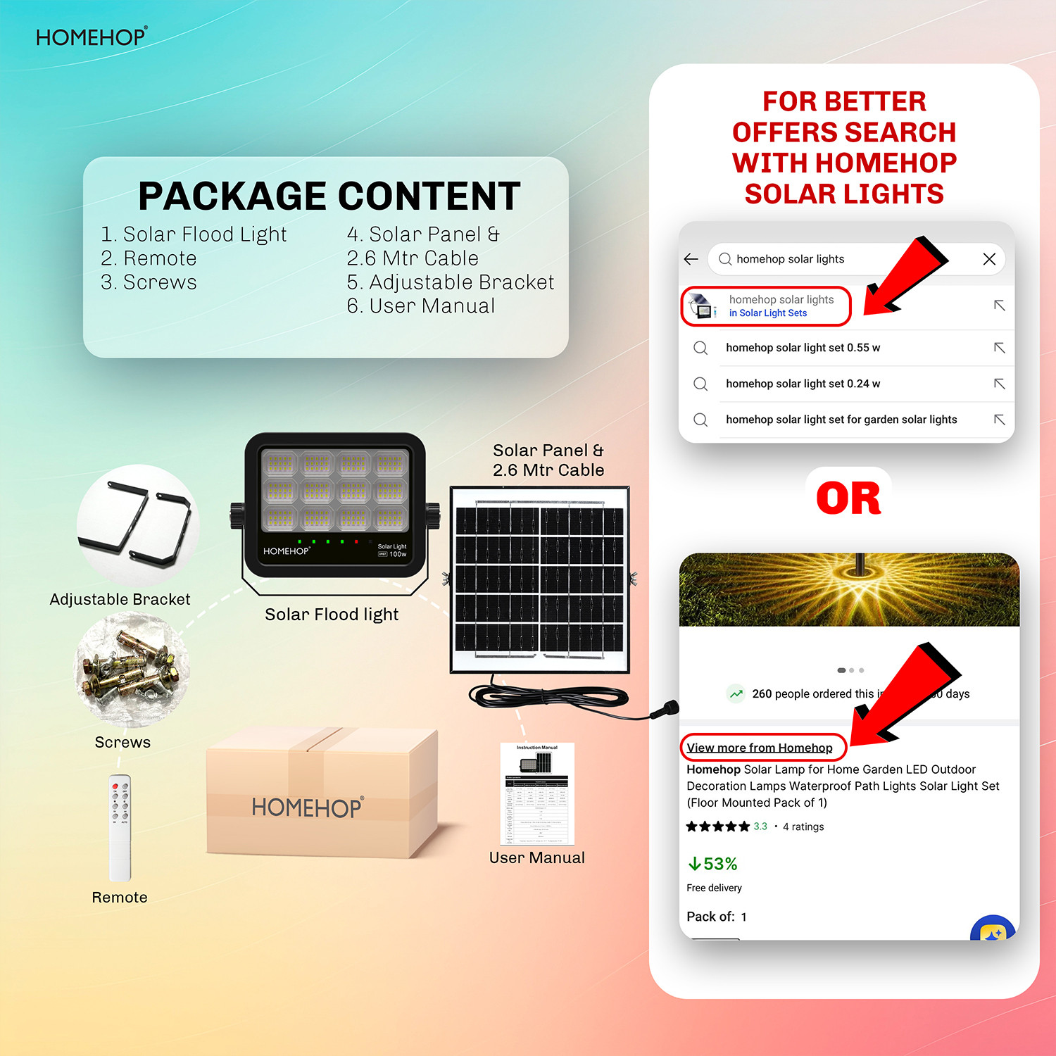 Image of Homehop 100W Solar LED Flood Lights Outdoor Waterproof Wall Lamp for Home Garden Flood Light Outdoor Lamp (Black)