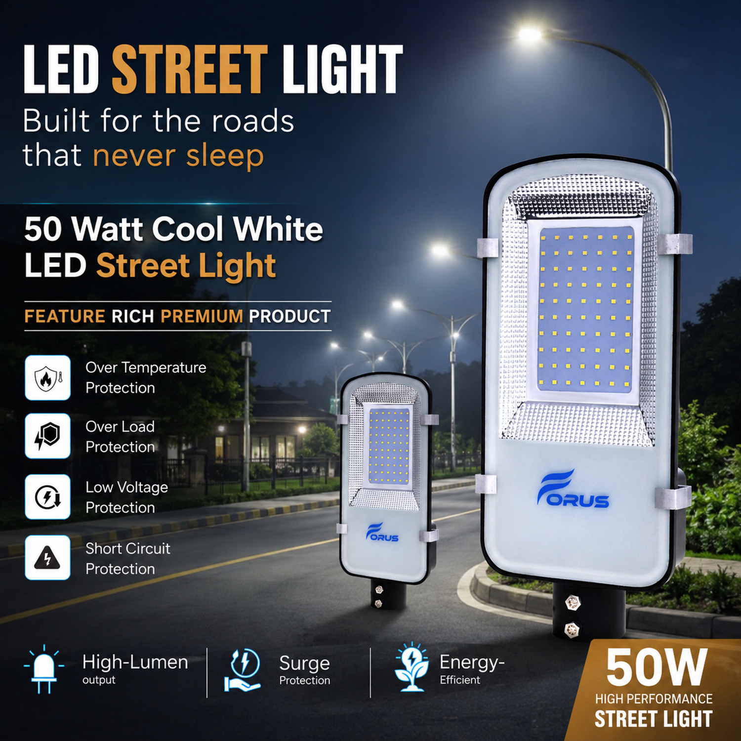 Image of FORUS 50W LED Street Light | Highest Lumens-210 lm /W |5 Years Warranty | BIS Approved | IP-66 Waterproof | Outdoor Road Light | Made in Bharat | Cool White Pack of 1PC (Aluminum) Street Light Outdoor Lamp Street Light Outdoor Lamp