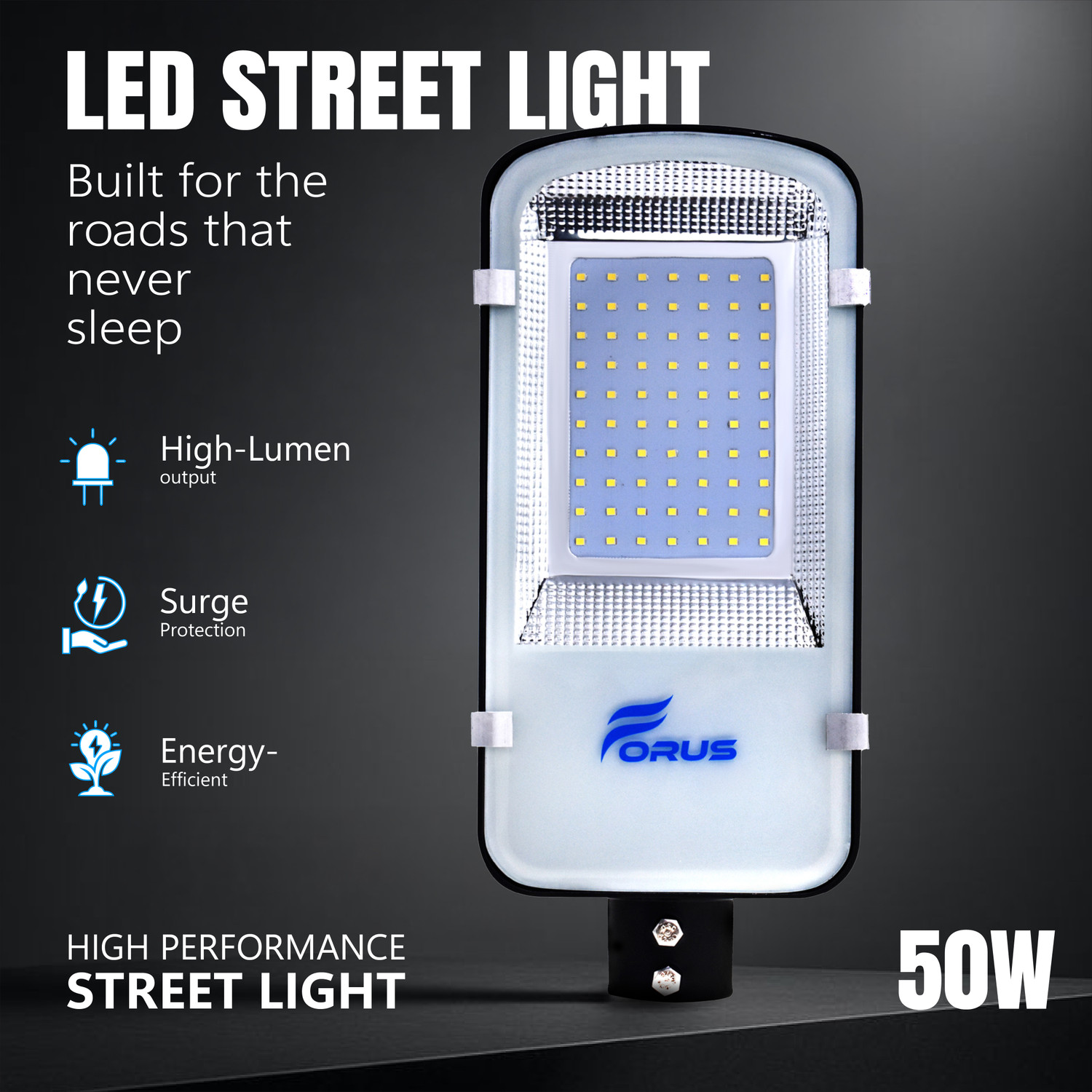 Image of FORUS 50W LED Street Light for Outdoor Road, Parking, and Industrial Lighting - High Lumens 160 lm /W, Waterproof, Energy-Saving Aluminum Lamp, 5-Year Warranty, Cool White, Made in Bharat | 1 PC With Clamp Street Light Outdoor Lamp