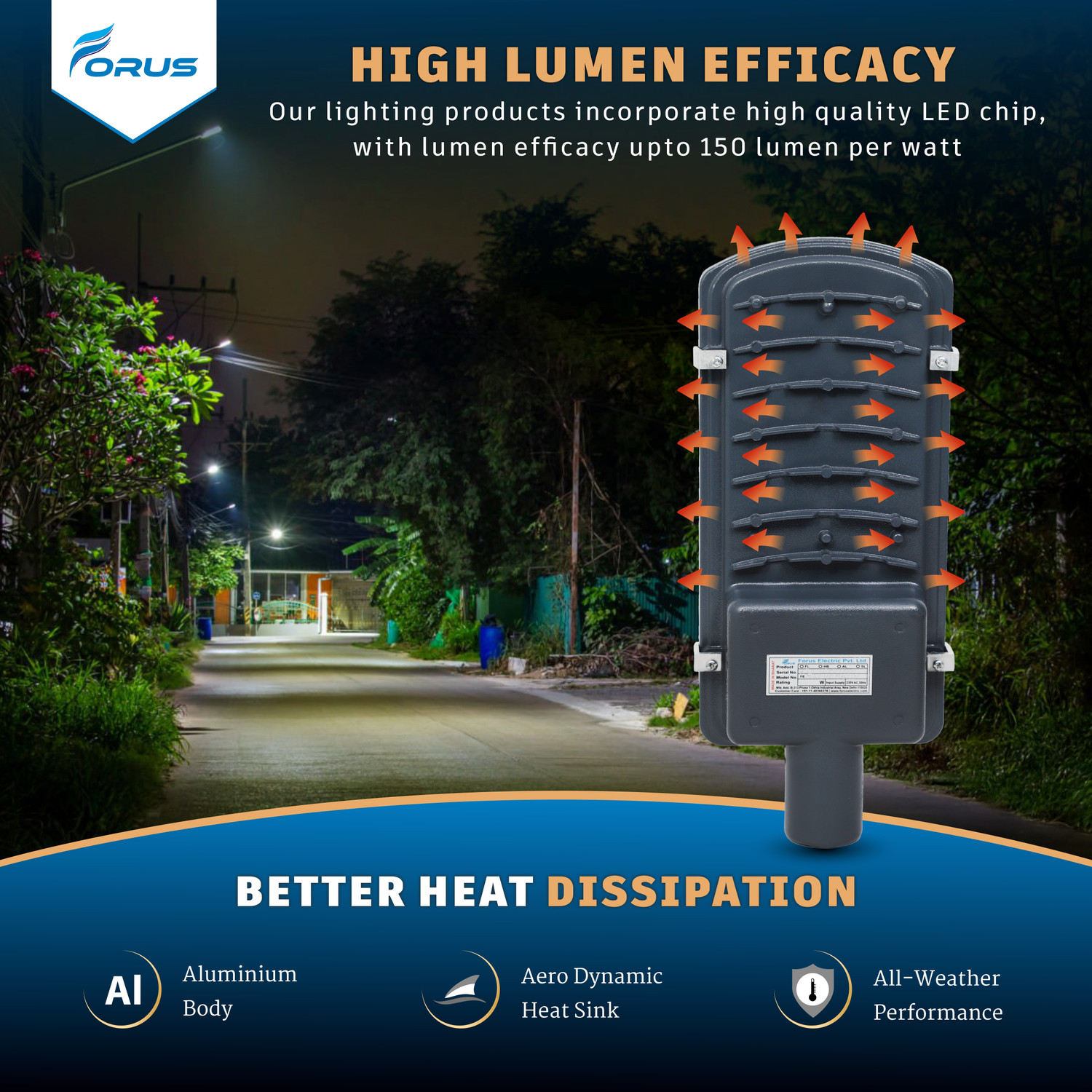 Image of FORUS 50W LED Street Light for Outdoor Road, Parking, and Industrial Lighting - Waterproof, Energy-Saving Aluminum Lamp, 5-Year Warranty, Warm White, Made in Bharat | 1 PC Street Light Outdoor Lamp