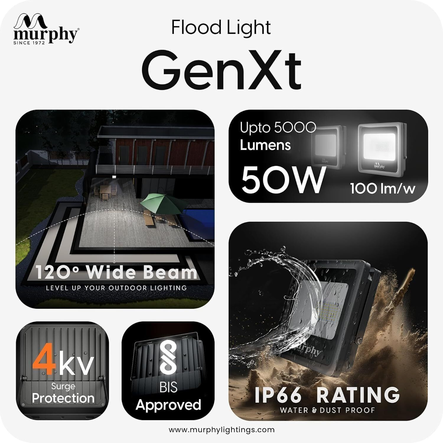 Image of MURPHY Genxt LED 50W LED Flood Light, IP65 Rated Outdoor Light Pack of 1 (Warm White, 2 Years Warranty) Flood Light Outdoor Lamp