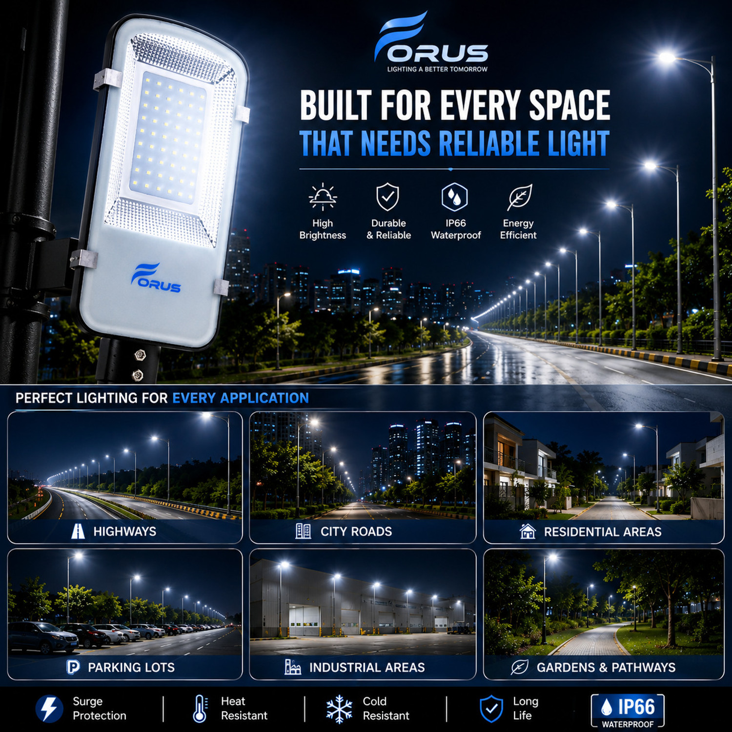 Image of FORUS 50W LED Street Light | Highest Lumens-210 lm /W |5 Years Warranty | BIS Approved | IP-66 Waterproof | Outdoor Road Light | Made in Bharat | Cool White Pack of 1PC (Aluminum) Street Light Outdoor Lamp Street Light Outdoor Lamp