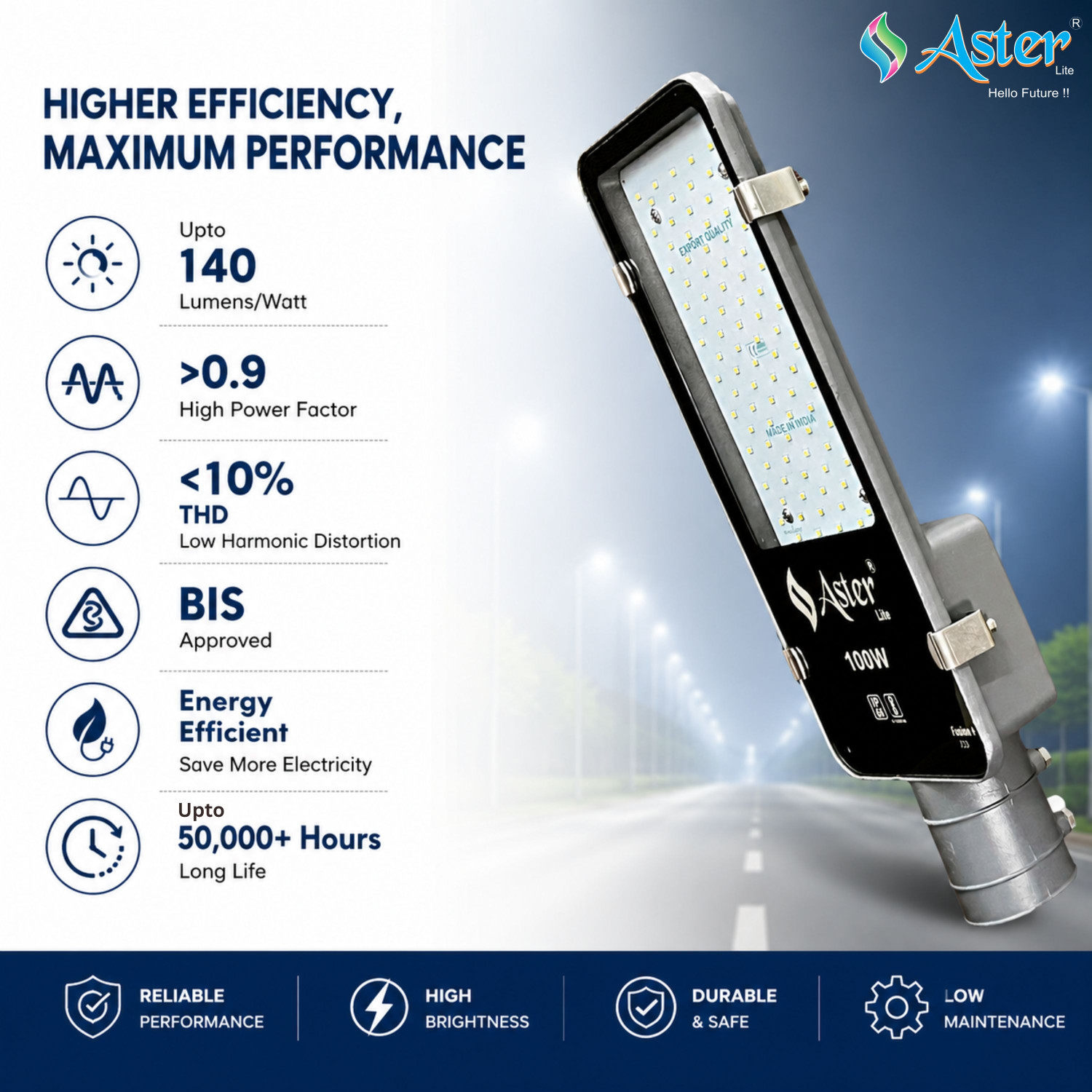 Image of ASTER LITE Fusion+ 100W LED Street Light IP66 Waterproof (Pack of 1) Flood Light Outdoor Lamp