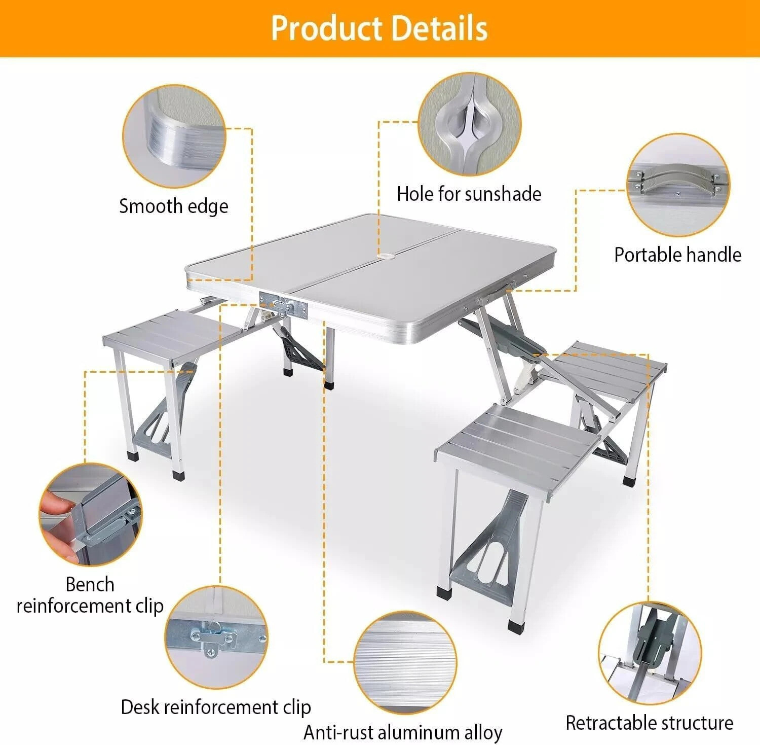 Image of UTKRSTASTORE Folding Picnic Camping Table Set,Portable Desk with 4 Seats for Indoor Outdoor Solid Wood Outdoor Table