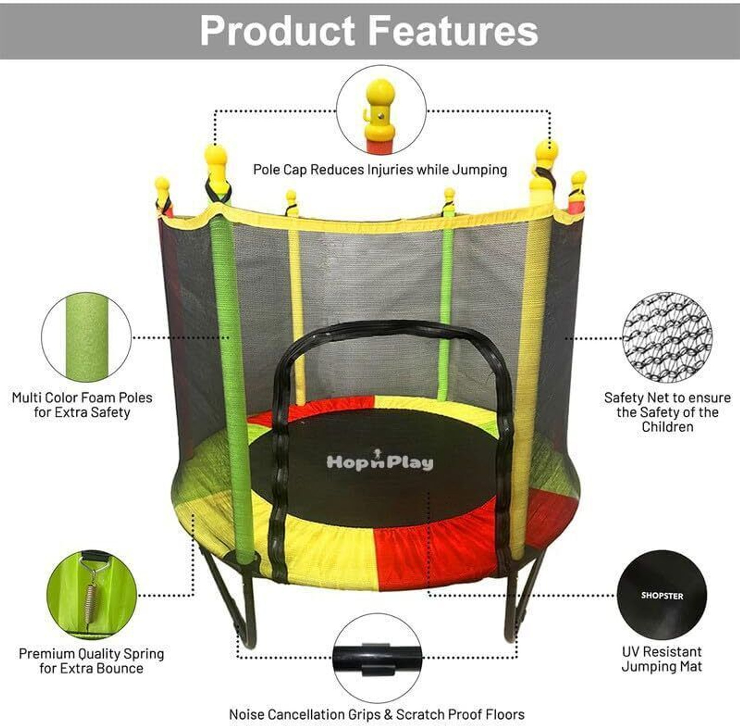 Image of HOP N PLAY 55 Inch / 4.5 Ft Jumping Trampoline with Safety Net for Kids, Indoor & outdoor