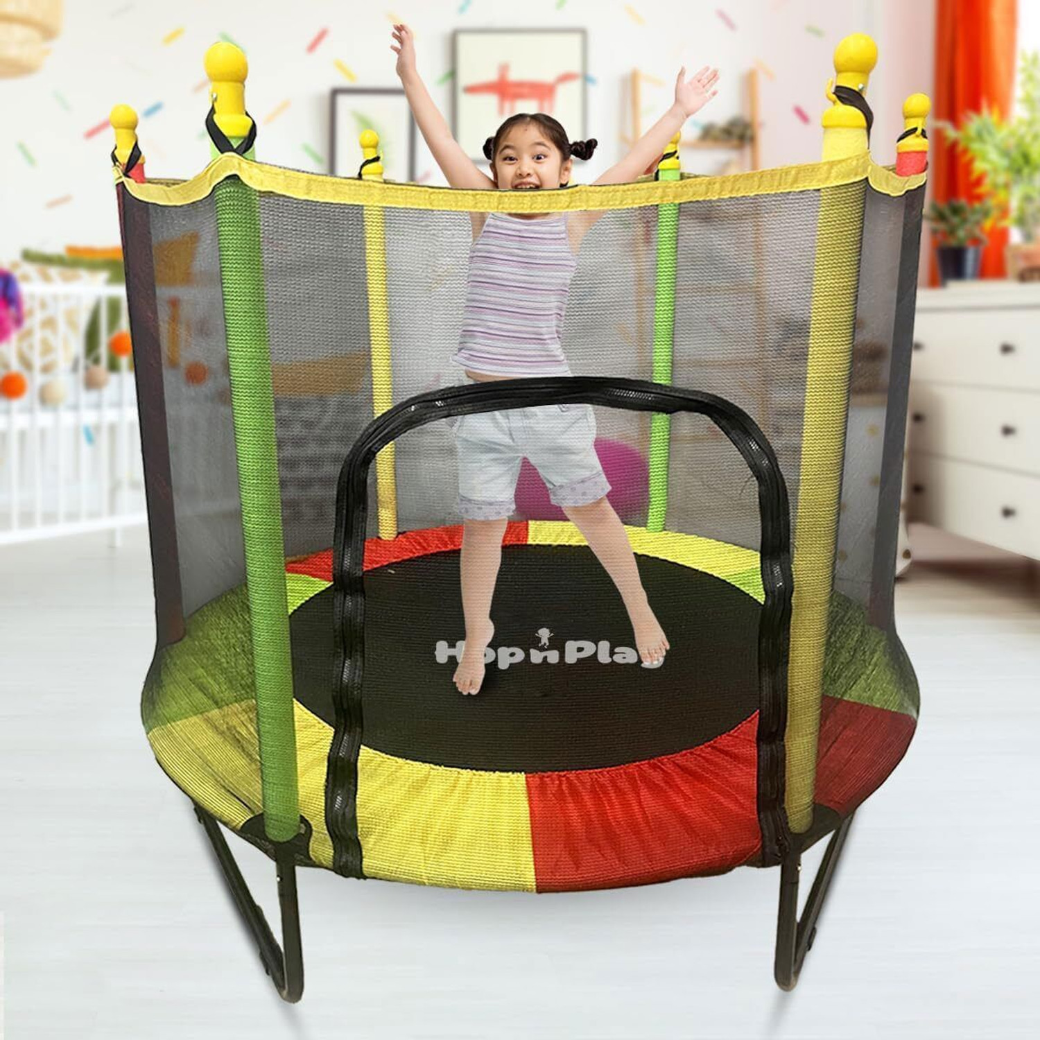 Image of HOP N PLAY 55 Inch / 4.5 Ft Jumping Trampoline with Safety Net for Kids, Indoor & outdoor