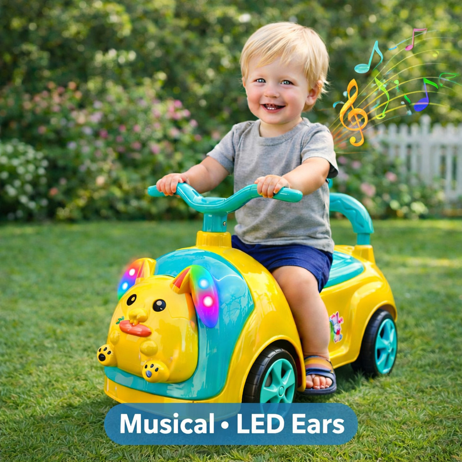 Image of Pandaoriginals Bunny Musical Car with Front Lights, Steering Drive,| 1-3 YRS